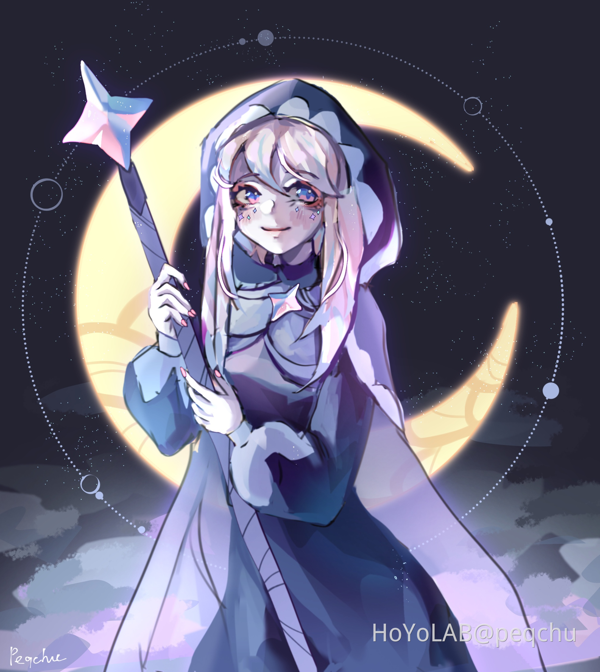 peqchu, genshin impact, commentary, english commentary, highres, 1girl, artist name, blessing of the welkin moon, blue dress, blush, cloak, closed mouth, crescent, dress, glowing, gradient hair, hair between eyes, holding, holding staff, hood, hood up, hooded cloak, hoyolab username, light smile, long hair, long sleeves, looking to the side, moon, multicolored eyes, multicolored hair, pale skin, pink hair, pink nails, primogem, puffy long sleeves, puffy sleeves, sky, solo, sparkle, staff, standing, star (sky), starry sky, upper body, watermark