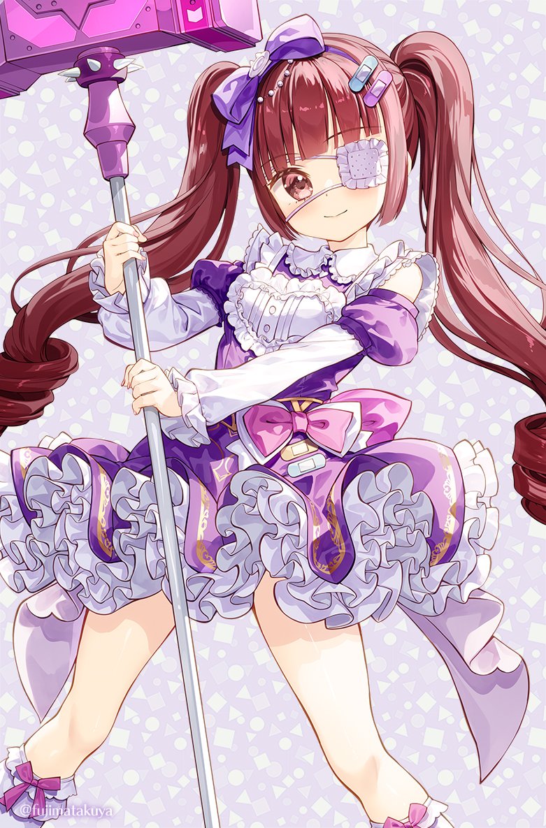 fujima takuya, hanazono yurine, jashin-chan dropkick, commentary request, 1girl, bow, brown eyes, brown hair, closed mouth, detached sleeves, dress, eyepatch, feet out of frame, frilled dress, frills, hair bow, hammer, heart, holding, holding hammer, layered sleeves, long hair, long sleeves, looking at viewer, medical eyepatch, pink bow, puffy long sleeves, puffy short sleeves, puffy sleeves, purple bow, purple dress, short over long sleeves, short sleeves, smile, solo, twintails, very long hair, white sleeves