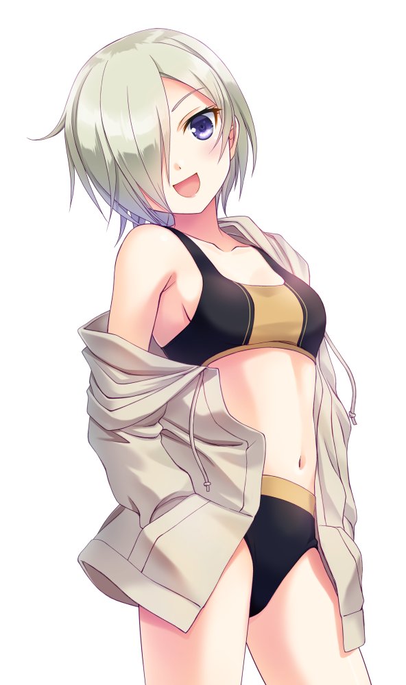 kimizuka aoi, mia taylor, love live!, love live! nijigasaki high school idol club, 1girl, black bra, black panties, blonde hair, blue eyes, bra, breasts, brown jacket, feet out of frame, hair over one eye, jacket, medium breasts, open mouth, panties, short hair, simple background, solo, sports bra, standing, underwear, white background