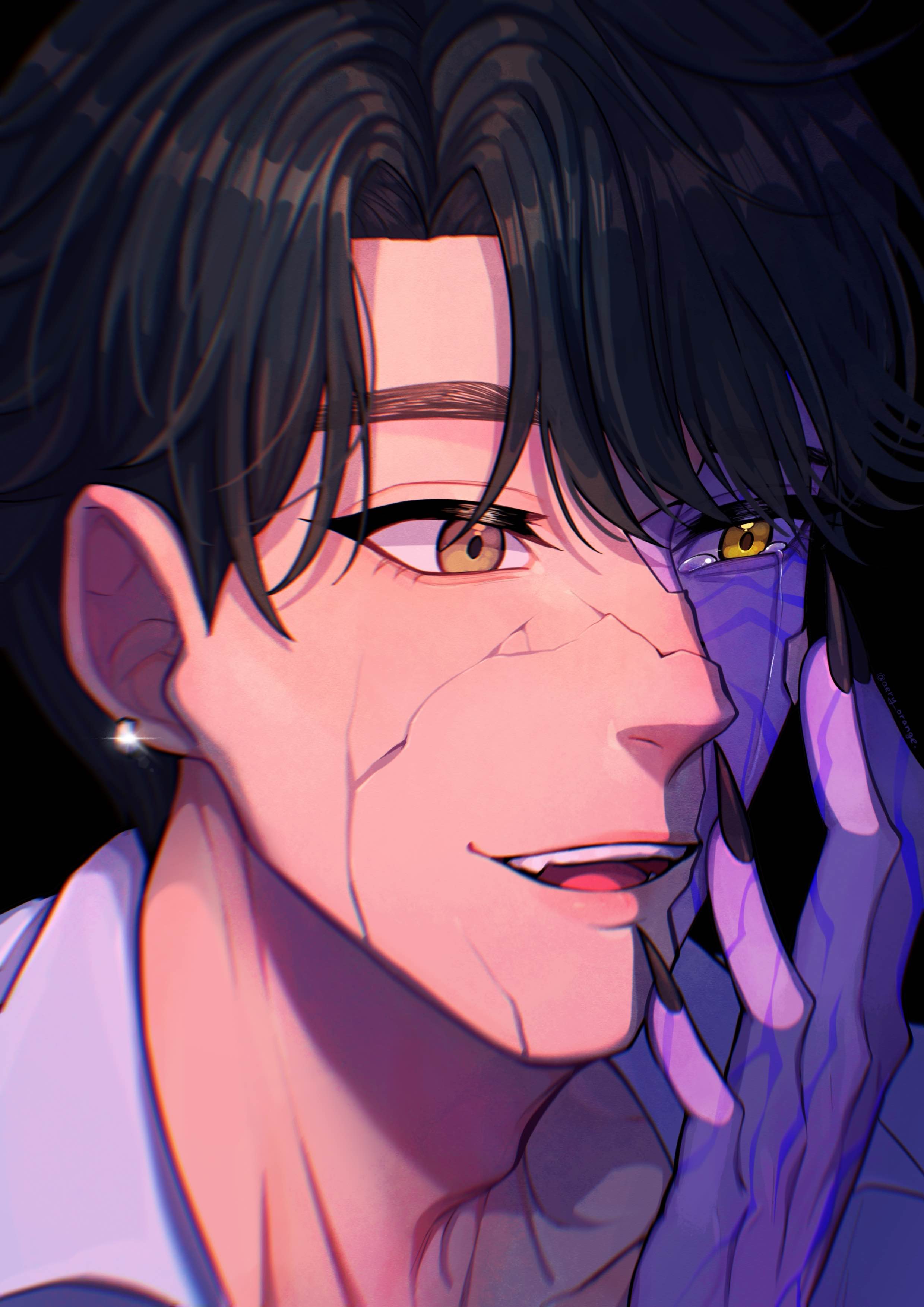 jinu (kpop demon hunters), kpop demon hunters, absurdres, commentary, english commentary, highres, 1boy, aery orange, arm up, black hair, black nails, brown eyes, collared shirt, cracked kawaii mask, cracked mask, crying, crying with eyes open, fingernails, hand on own face, male focus, mask, open mouth, parted hair, portrait, sharp fingernails, shirt, short hair, smile, solo, streaming tears, tears, teeth, tongue, upper teeth only, white shirt