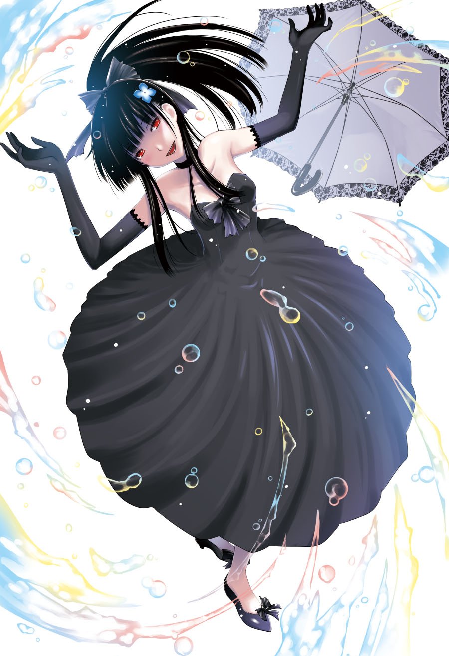 hattori mitsuru, sanka rea, sankarea, commentary request, highres, official art, 1girl, :d, bare shoulders, black dress, black gloves, black hair, bow, copyright name, dress, elbow gloves, flower, gloves, hair flower, hair ornament, hair ribbon, hydrangea, long hair, looking at viewer, open mouth, ponytail, red eyes, ribbon, shoes, smile, solo, umbrella, water drop