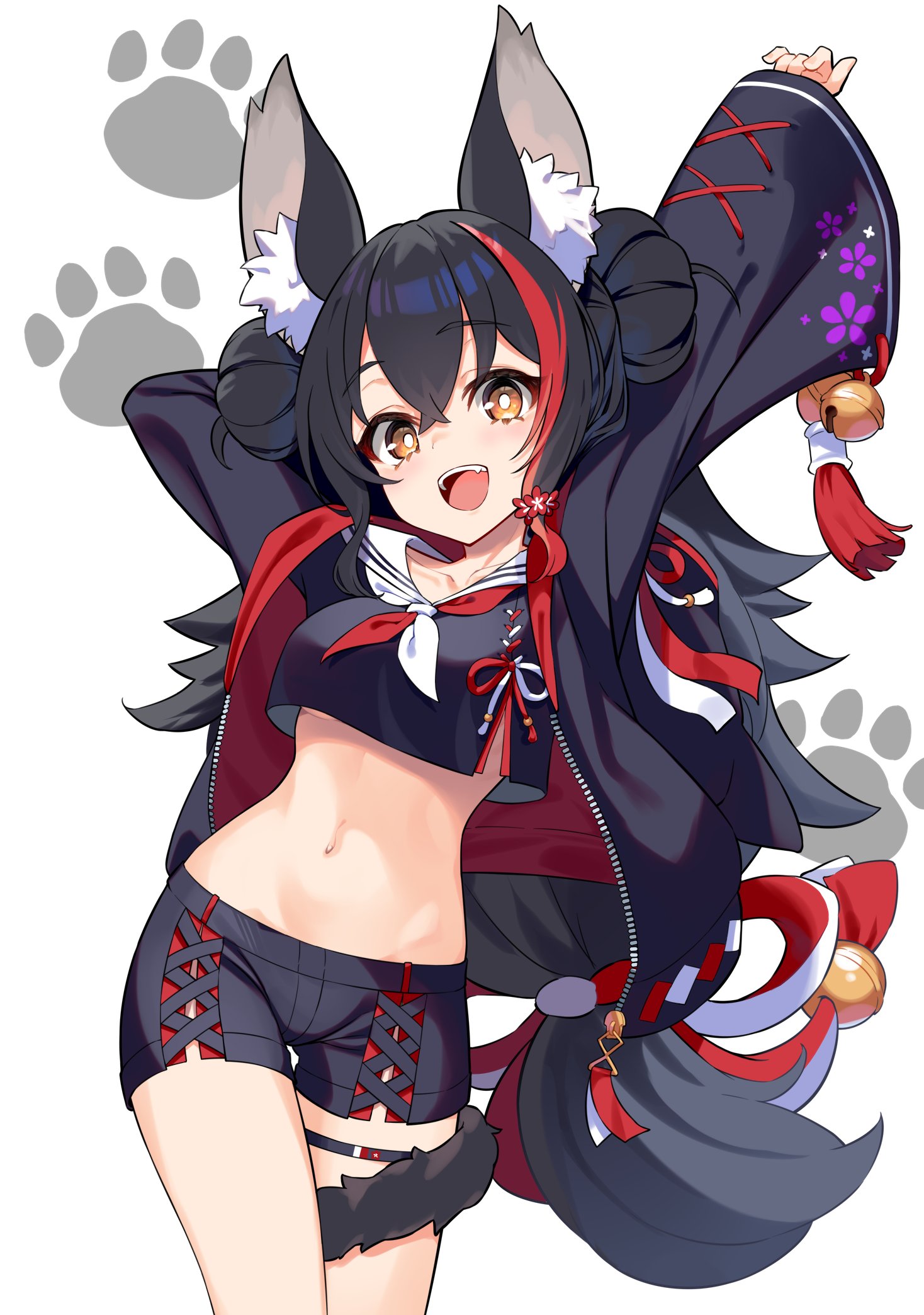 kutata, ookami mio, ookami mio (another ookami mio), hololive, commentary request, highres, 1girl, :d, alternate breast size (smaller), animal ears, arm behind head, arms up, bell, black hair, black jacket, black shirt, black shorts, breasts, cropped shirt, cross-laced clothes, cross-laced sleeves, cross-laced slit, crossed bangs, double-parted bangs, double bun, floral print, hair between eyes, hair bun, jacket, jingle bell, long hair, long sleeves, looking at viewer, midriff, multicolored hair, navel, neckerchief, official alternate costume, open mouth, red hair, red jacket, red neckerchief, sailor collar, sailor shirt, shirt, short shorts, short sleeves, shorts, side slit, side slit shorts, sidelocks, small breasts, smile, solo, streaked hair, tail, tail around own leg, tassel, teeth, thigh gap, thigh strap, two-sided fabric, two-sided jacket, two-tone neckerchief, unzipped, upper teeth only, virtual youtuber, white neckerchief, white sailor collar, wide sleeves, wolf ears, wolf girl, wolf tail, yellow eyes