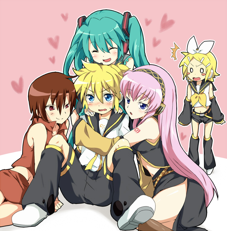 maruki (punchiki), hatsune miku, kagamine len, kagamine rin, megurine luka, meiko (vocaloid), vocaloid, bad id, bad pixiv id, 1boy, 4girls, ^^^, aqua hair, bare shoulders, blonde hair, blue eyes, blush, blush stickers, breasts, brown hair, closed eyes, detached sleeves, girl sandwich, hairband, happy, harem, headphones, heart, hug, long hair, midriff, multiple girls, navel, open mouth, pink hair, red eyes, sandwiched, shoes, short hair, short shorts, shorts, sitting, smile, surprised, thighhighs, twintails, very long hair