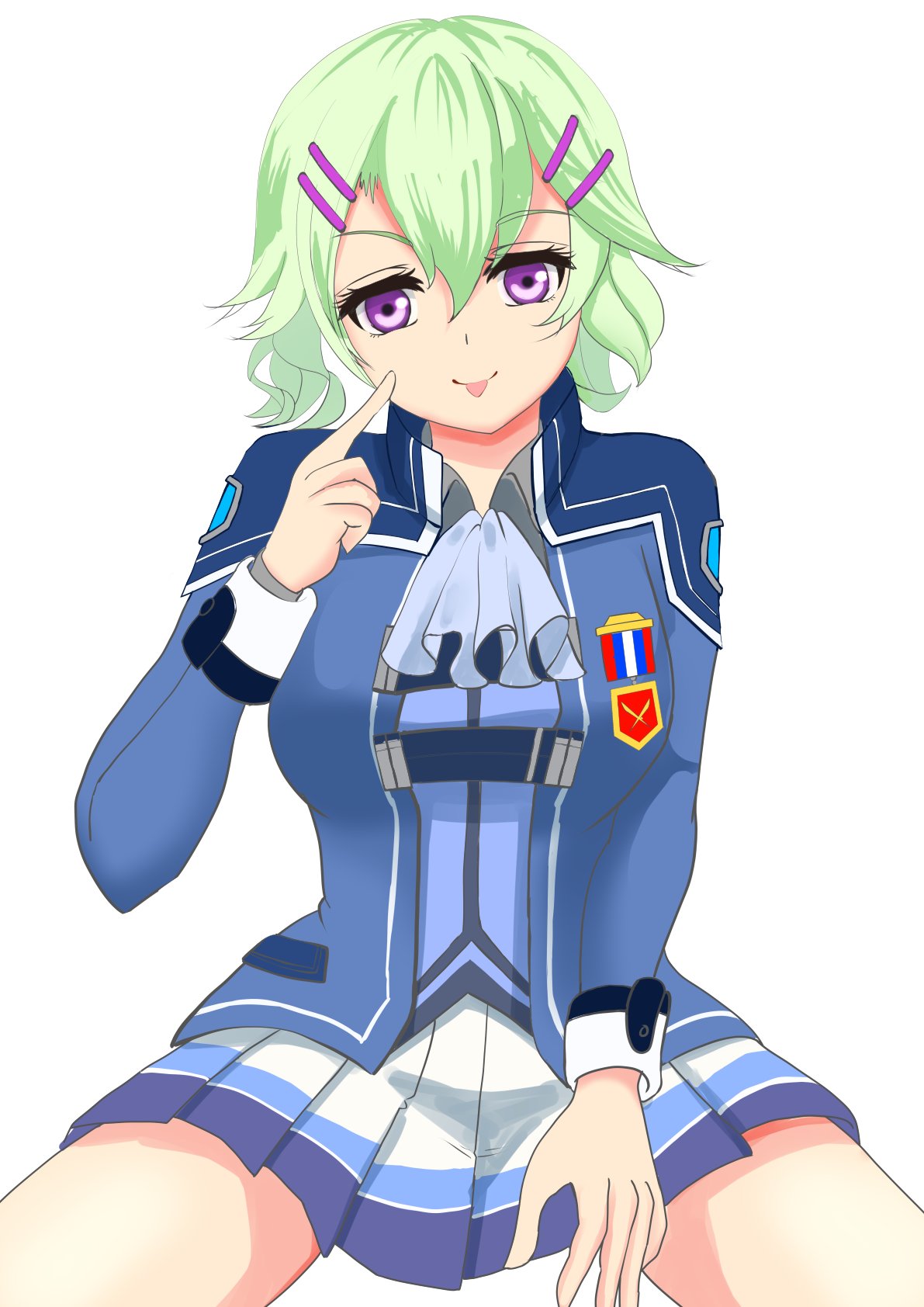 sirakaba324, musse egret, eiyuu densetsu, sen no kiseki, sen no kiseki (series), sen no kiseki iii, highres, 1girl, ascot, breasts, double-parted bangs, finger to cheek, green hair, hair between eyes, hair ornament, hairclip, jacket, long sleeves, looking at viewer, medium breasts, purple eyes, short hair, simple background, sitting, skirt, smile, solo, thors military academy branch campus uniform, tongue, tongue out, upper body, white ascot, white background