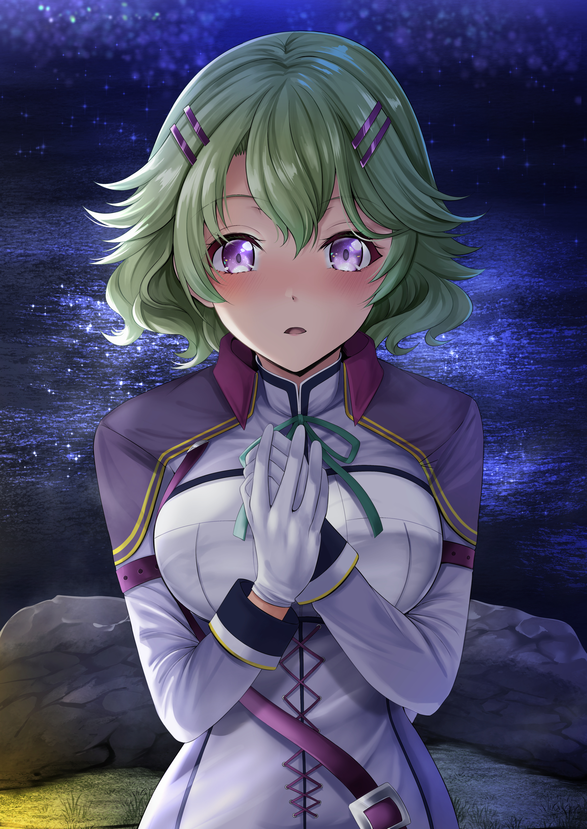 kagura yuuto, musse egret, eiyuu densetsu, sen no kiseki, sen no kiseki (series), sen no kiseki iv, absurdres, highres, 1girl, bow, bowtie, breasts, double-parted bangs, gloves, green bow, green bowtie, green hair, hair between eyes, large breasts, looking at viewer, night, night sky, ocean, outdoors, purple eyes, short hair, sky, solo, star (sky), starry sky, upper body, white gloves