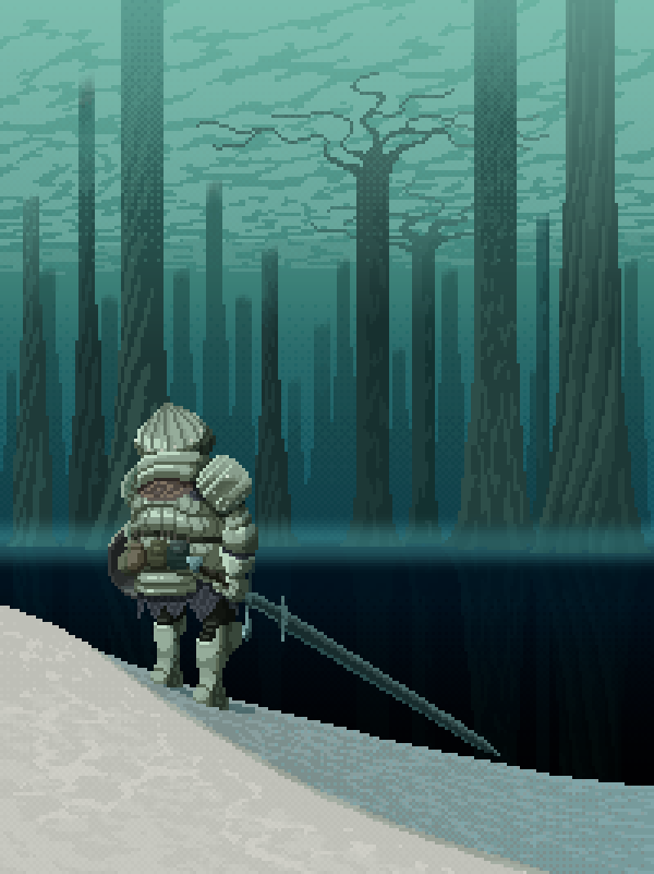 siegmeyer of catarina, dark souls (series), dark souls i, commentary request, 1boy, armor, ash lake (dark souls), from behind, full armor, full body, helm, helmet, holding, holding shield, holding sword, holding weapon, in-universe location, kingyohashioki, lake, looking ahead, male focus, pixel art, shield, solo, standing, sword, tree, weapon