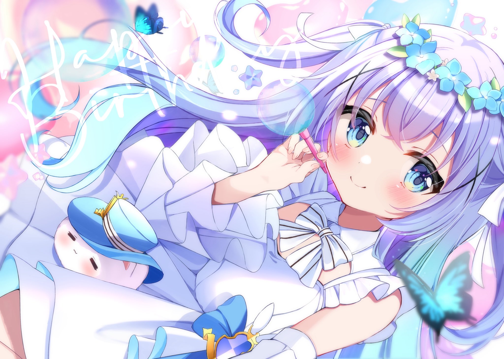 kiyokura meru, kafuu chino, tippy (gochiusa), gochuumon wa usagi desu ka?, commentary request, highres, 1girl, bare shoulders, blue eyes, blue hair, blurry, blurry background, blush, bow, bowtie, breasts, closed mouth, detached sleeves, dress, dutch angle, flower, frilled sleeves, frills, hair between eyes, hair flower, hair ornament, hair ribbon, hand up, head wreath, holding, long hair, long sleeves, looking at viewer, neck ribbon, petals, puffy sleeves, rabbit, ribbon, short sleeves, sidelocks, skirt, smile, solo, twintails, upper body, very long hair, white dress, wreath, x hair ornament