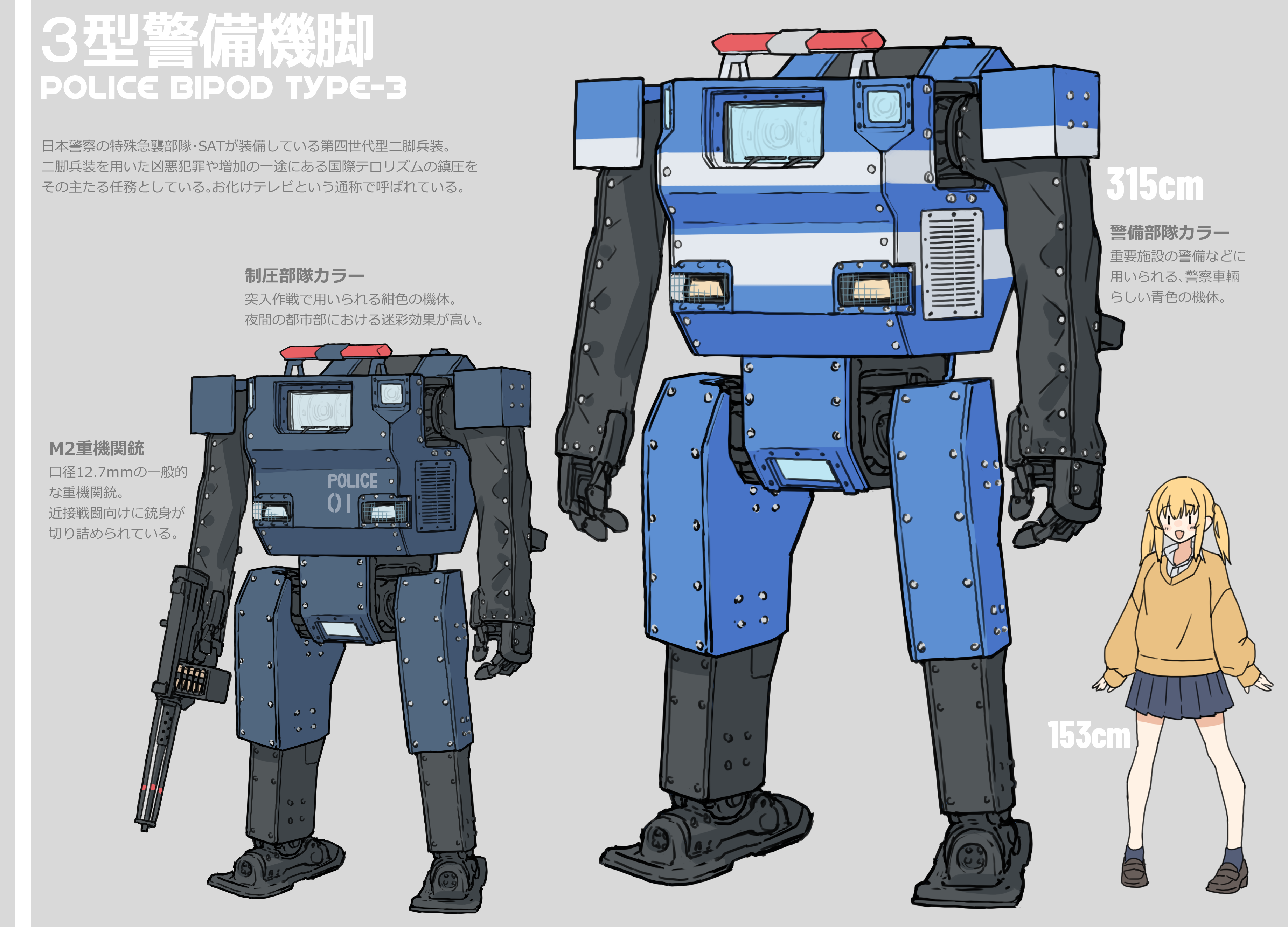 kopaka (karda nui), original, absurdres, commentary request, highres, translation request, 1girl, blonde hair, blue skirt, blue socks, brown shoes, brown sweater, collared shirt, dress shirt, grey background, gun, holding, holding gun, holding weapon, loafers, long sleeves, mecha, pleated skirt, police vehicle, puffy long sleeves, puffy sleeves, robot, shirt, shoes, skirt, socks, standing, sweater, twintails, weapon, white shirt