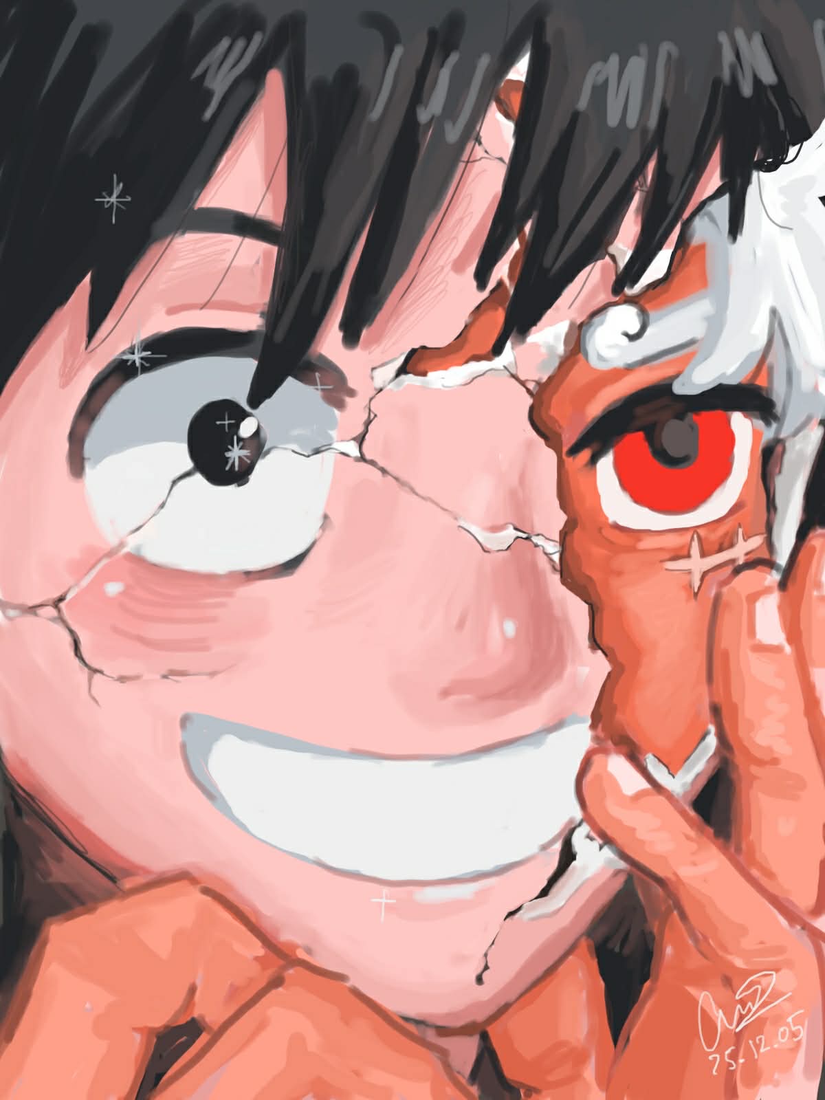 gocha rin, monkey d. luffy, one piece, commentary, highres, symbol-only commentary, 1boy, black eyes, black hair, broken mask, cracked kawaii mask, cracked mask, devil fruit power, facial scar, gear fifth, grin, hand on own face, male focus, mask, portrait, red eyes, scar, scar on cheek, scar on face, short hair, signature, smile, solo, white hair, wide-eyed