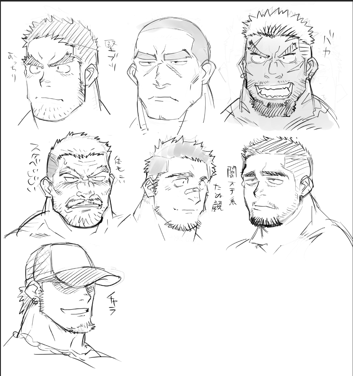 yakisoba ohmori, original, highres, translation request, 6+boys, bandaid, bandaid on face, bandaid on nose, bara, baseball cap, closed mouth, earrings, facial hair, goatee, goatee stubble, grin, hat, jewelry, male focus, multiple boys, mustache, obscured eyes, open mouth, portrait, simple background, single earring, sketch, smile, stubble, sweatdrop, thick eyebrows, white background