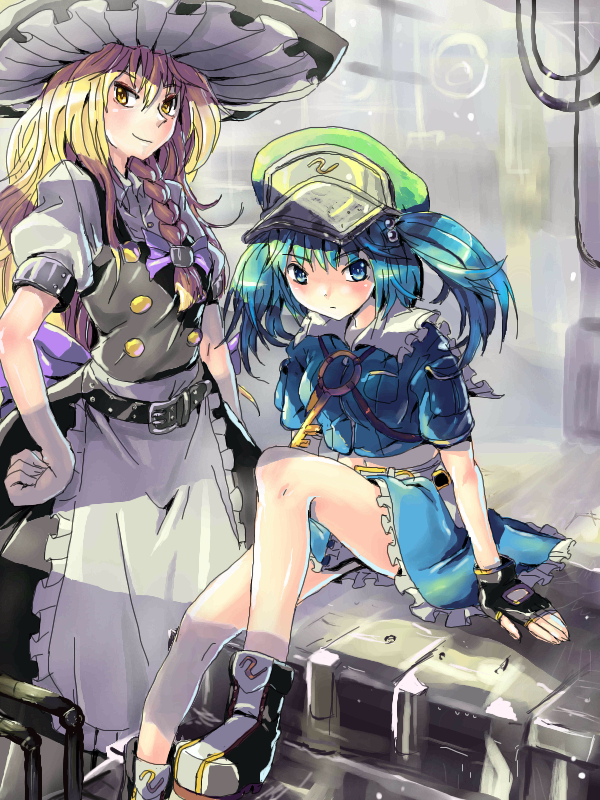 kabutoyama, kawashiro nitori, kirisame marisa, touhou, 2girls, blonde hair, blue eyes, blue hair, braid, female focus, fingerless gloves, gloves, hat, key, long hair, multiple girls, navel, sitting, twintails, two side up, yellow eyes