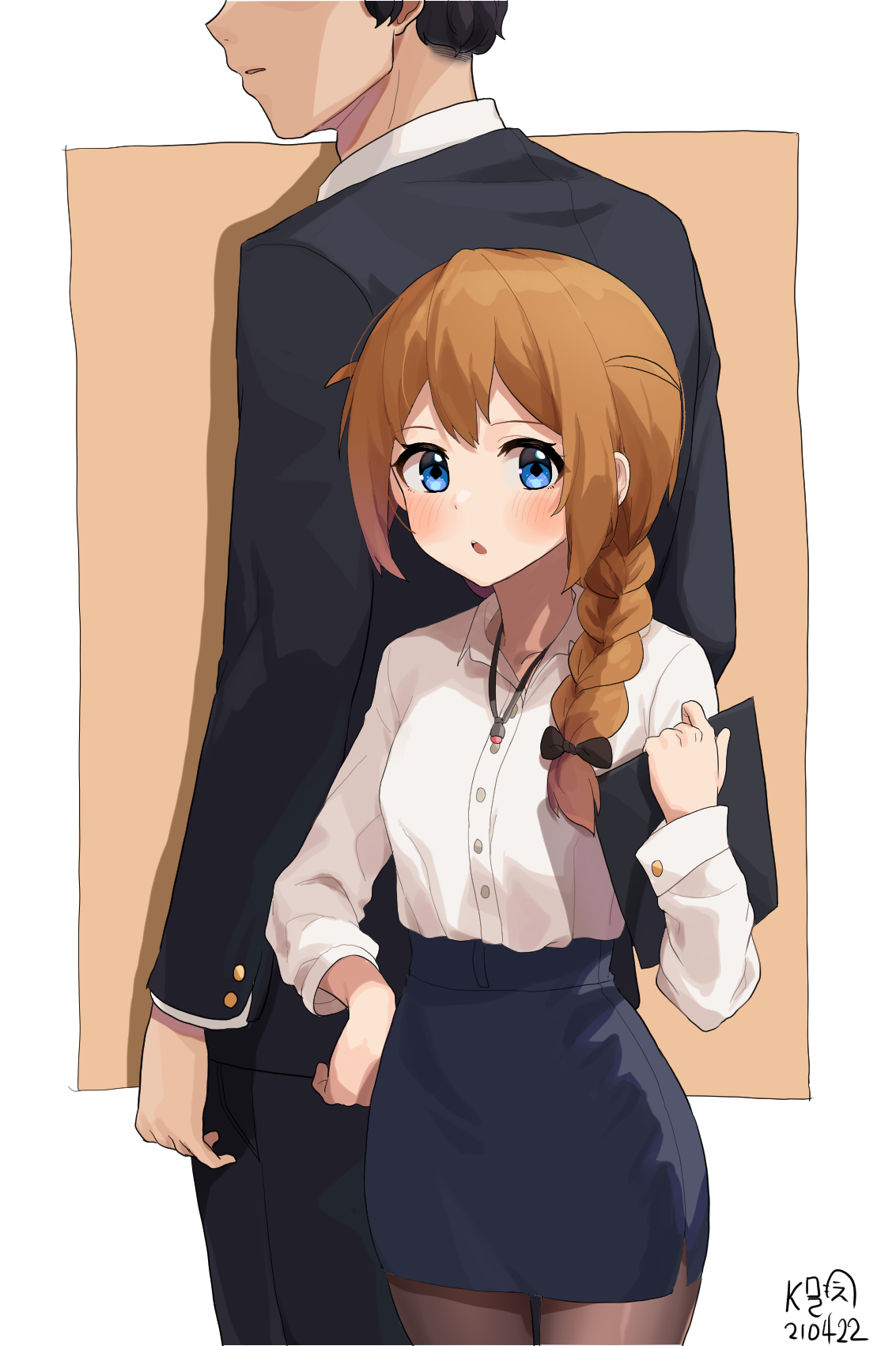 myeolchi, baba konomi, producer (idolmaster), idolmaster, idolmaster million live!, highres, 1boy, 1girl, back-to-back, black jacket, black pants, black skirt, blue eyes, blush, braid, brown hair, brown pantyhose, collared shirt, cowboy shot, dress shirt, formal clothes, hair over shoulder, height difference, holding, jacket, long hair, long sleeves, office lady, pants, pantyhose, pencil skirt, shirt, single braid, skirt, standing, suit, suit jacket, two side up, white shirt