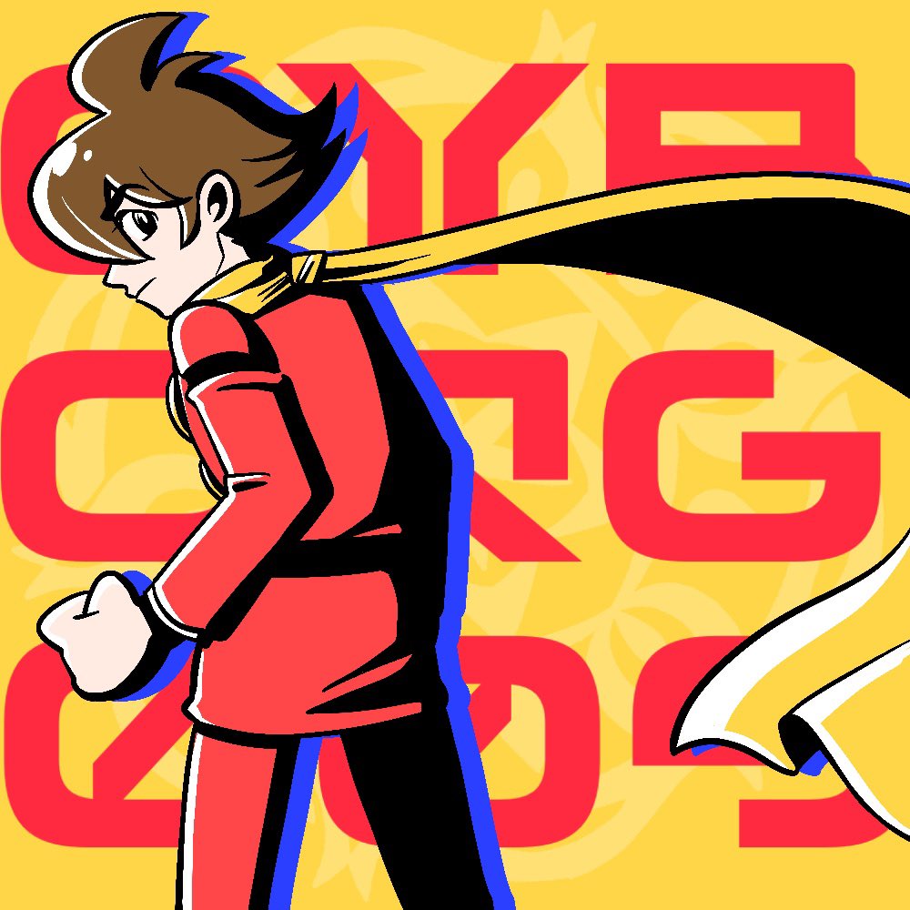 shimamura joe, cyborg 009, 1boy, acqua fresca, ahoge, belt, black belt, black eyes, brown hair, coat, copyright name, cyborg, dynamic pose, hair over face, looking at viewer, military uniform, pants, red coat, red pants, scarf, short hair, soldier, spiked hair, yellow scarf
