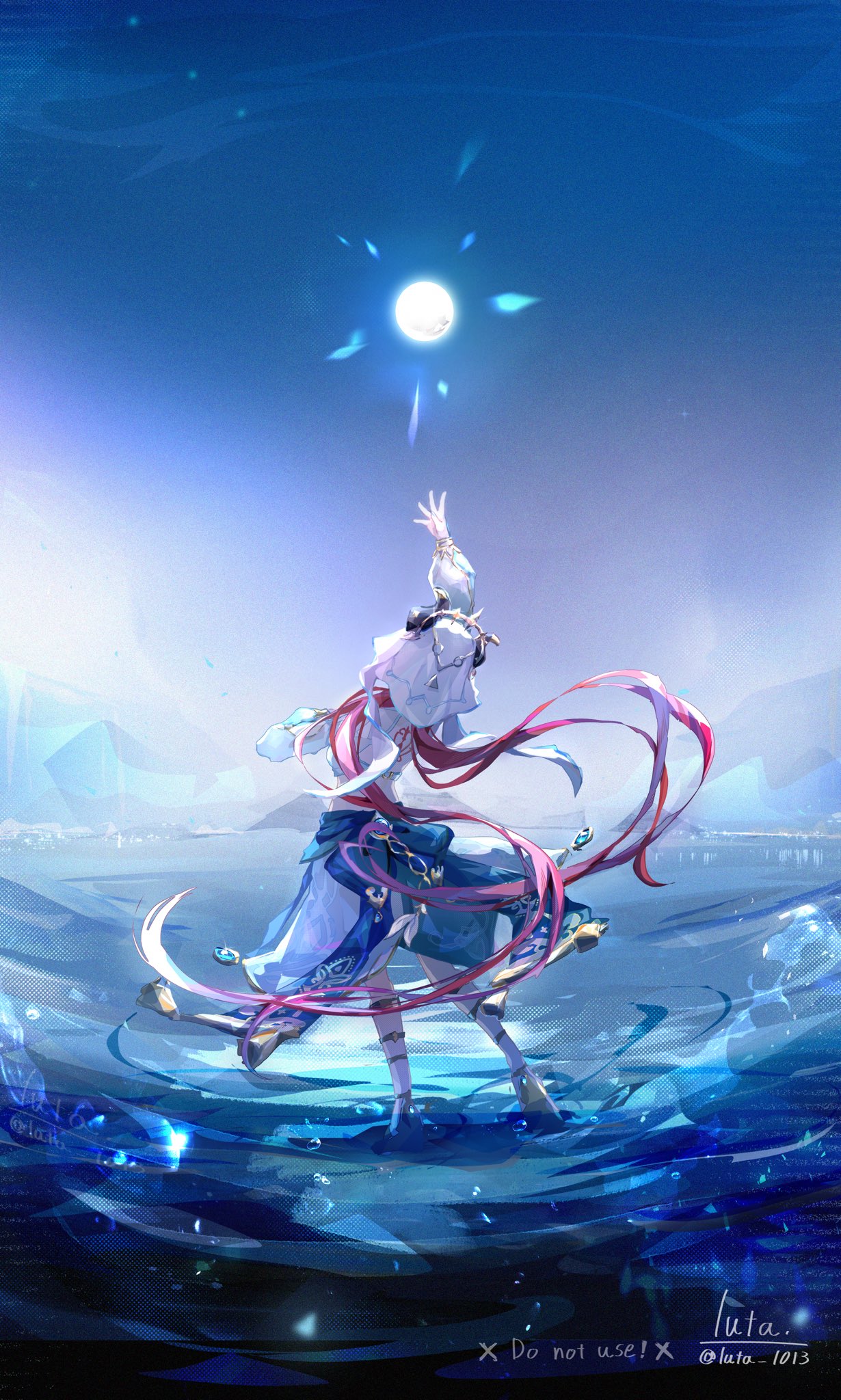 luta (luta 1013), nilou (genshin impact), genshin impact, commentary request, highres, 1girl, arm up, artist name, back tattoo, blue gemstone, fake horns, from behind, full body, full moon, gem, gladiator sandals, harem outfit, horns, long hair, long sleeves, low twintails, moon, night, night sky, outdoors, puffy long sleeves, puffy sleeves, red hair, red tattoo, sandals, sky, solo, tattoo, twintails, twitter username, veil, very long hair, water, white veil