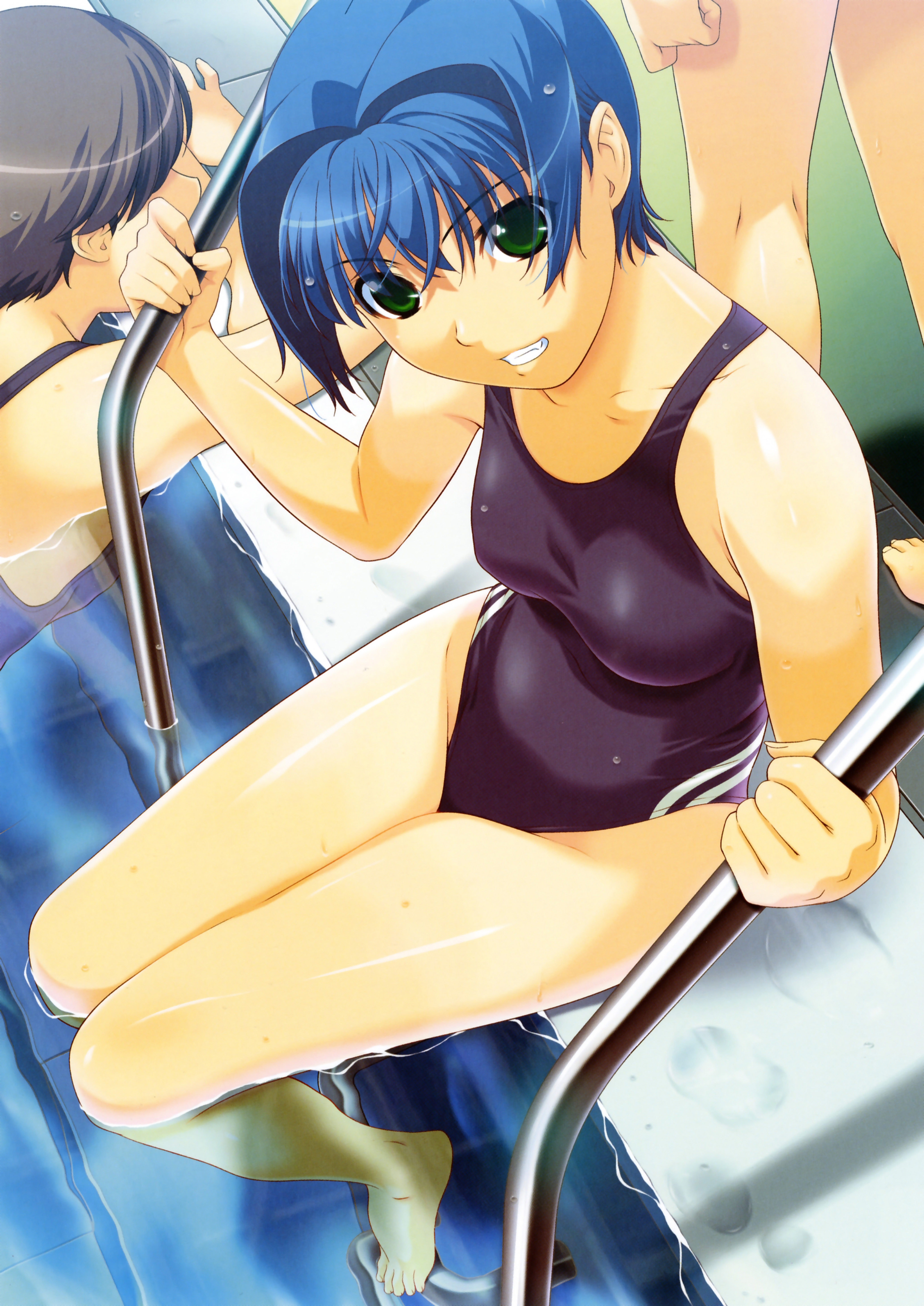 ino (magloid), yuzuki minami, kimihagu, absurdres, highres, scan, 00s, 3girls, barefoot, blue hair, competition swimsuit, feet, from above, green eyes, grin, looking at viewer, multiple girls, one-piece swimsuit, pool, pool ladder, poolside, puddle, short hair, sitting, smile, soaking feet, solo focus, swimsuit, wading, water, wet