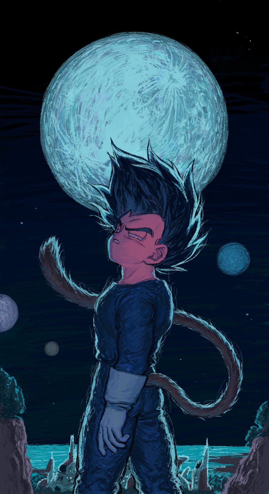 chimachimadb, vegeta, dragon ball, 1boy, black hair, blue bodysuit, bodysuit, gloves, glowing, glowing eyes, looking at viewer, moon, moonlight, night, night sky, sky, spiked hair, tail, white gloves