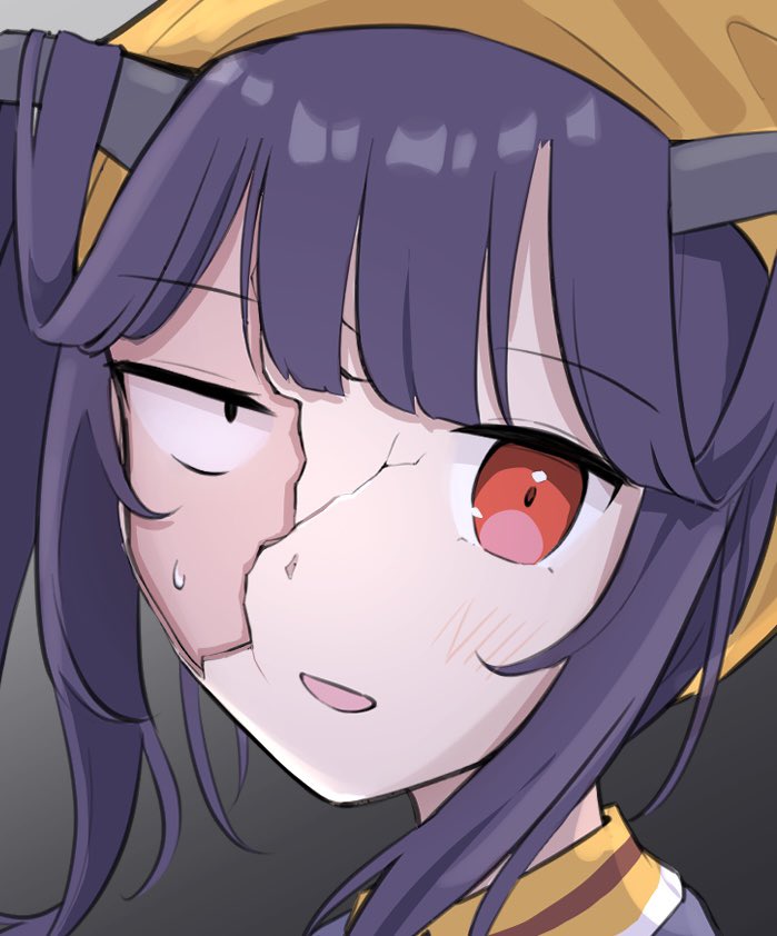 mosae, fuuka (blue archive), blue archive, 1girl, blush, cracked kawaii mask, cracked mask, demon horns, horns, looking at viewer, mismatched eyes, purple hair, red eyes, smile, solo, sweatdrop, two side up, yellow collar