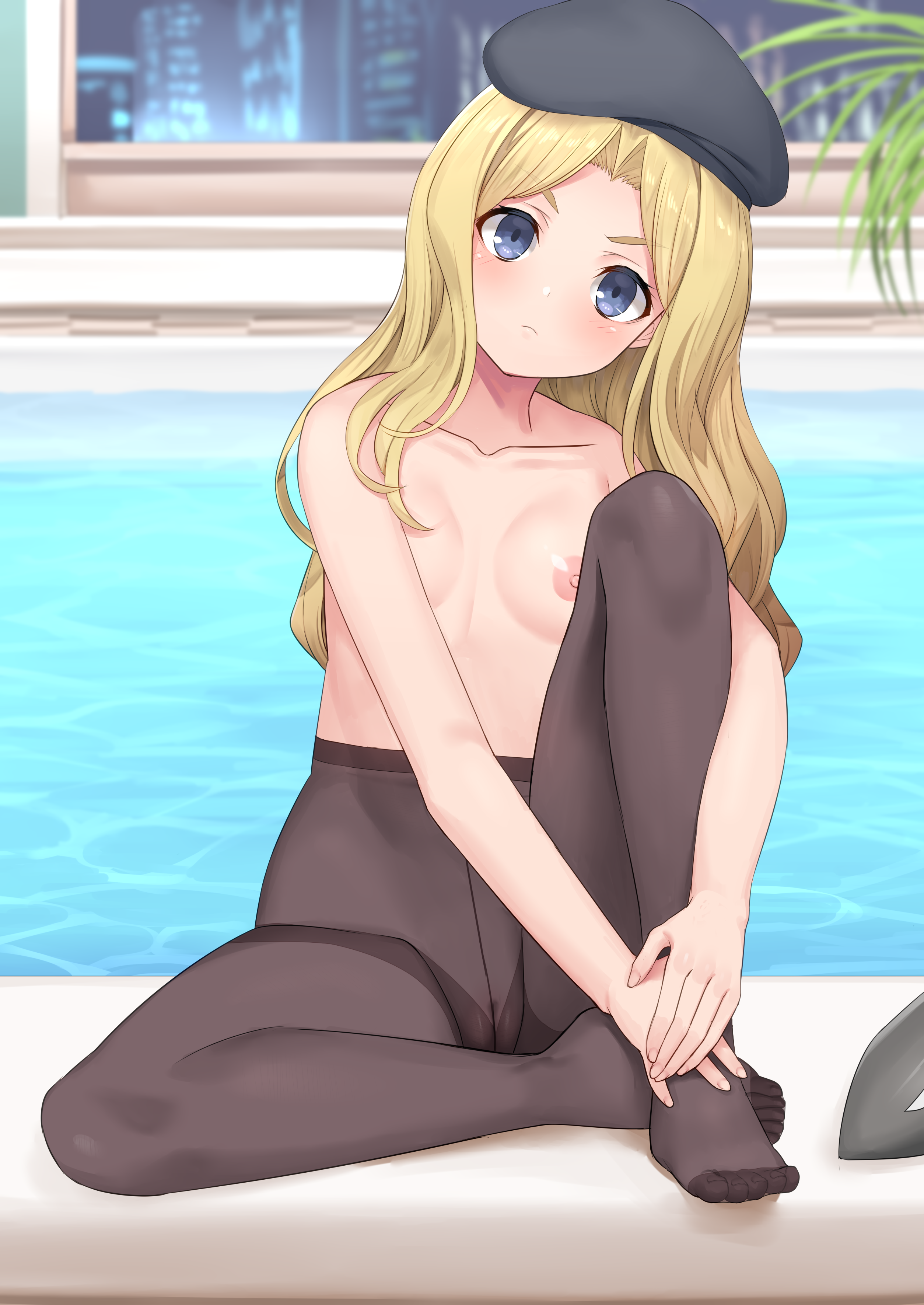 torimaru, frenda seivelun, toaru kagaku no railgun, toaru majutsu no index, pantyhose only, absurdres, commission, commissioner upload, highres, large variant set, non-web source, variant set, 1girl, beret, black pantyhose, blonde hair, blue eyes, blurry, blurry background, blush, breasts, cameltoe, city, closed mouth, collarbone, fingernails, full body, hat, long hair, looking at viewer, nipples, nude, pantyhose, petite, plant, pool, poolside, sitting, small breasts, solo, toenails, topless female, water