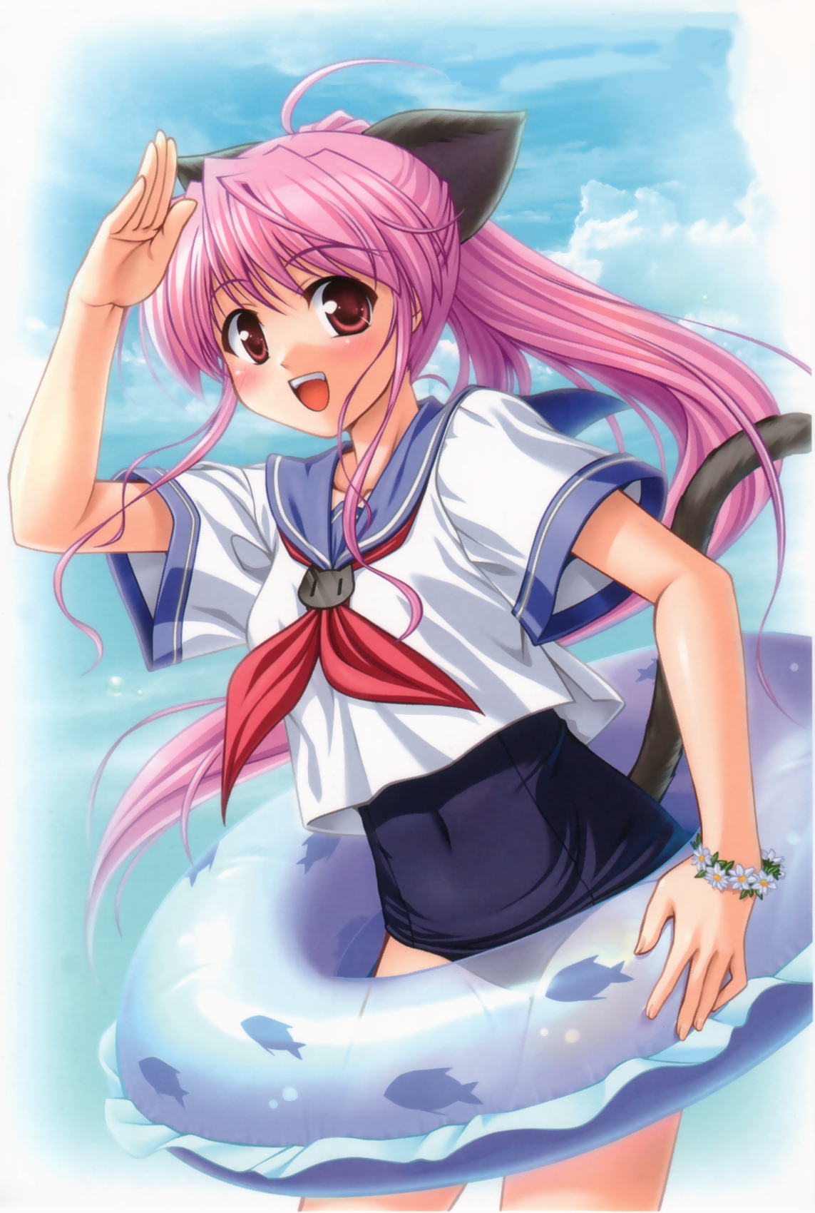 bekkankou, highres, 1girl, animal ears, cat ears, cat tail, cowboy shot, female focus, innertube, one-piece swimsuit, pink hair, school swimsuit, school uniform, solo, swim ring, swimsuit, swimsuit under clothes, tail