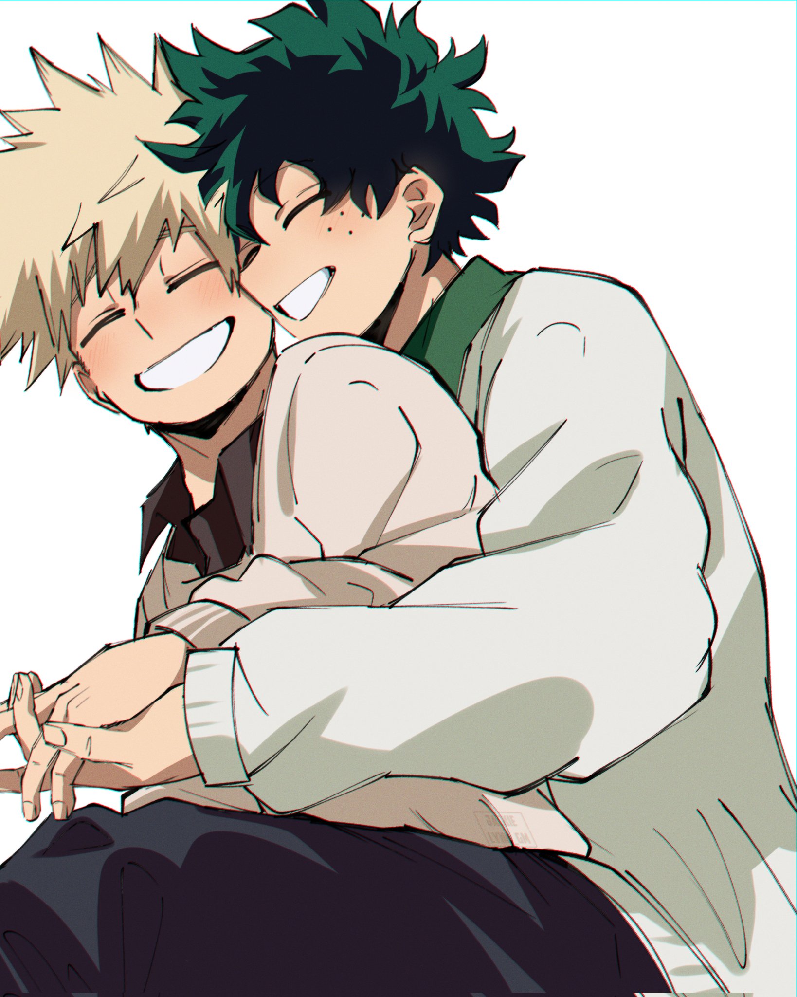 jackielynn, bakugou katsuki, midoriya izuku, boku no hero academia, commentary, english commentary, highres, 2boys, black pants, black shirt, closed eyes, collared shirt, freckles, green shirt, grin, holding hands, interlocked fingers, male focus, multiple boys, pants, shirt, short hair, simple background, sitting, smile, sweater, white background, white sweater, yaoi