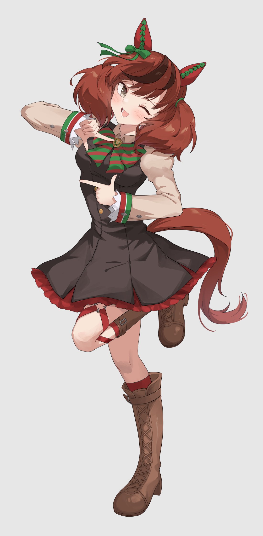 profnote, nice nature (poinsettia ribbon) (umamusume), nice nature (umamusume), umamusume, highres, 1girl, ;d, animal ears, black dress, boots, bow, bowtie, brown eyes, brown hair, brown shirt, brown shoes, collared shirt, dress, ear covers, finger frame, full body, green bow, green bowtie, horse ears, horse girl, horse tail, juliet sleeves, kneehighs, lace-up boots, long sleeves, looking at viewer, multicolored hair, o-ring, o-ring thigh strap, one eye closed, open mouth, puffy sleeves, red bow, red bowtie, red socks, shirt, shoes, simple background, smile, socks, solo, standing, standing on one leg, streaked hair, striped bow, striped bowtie, striped clothes, tail, thigh strap, two side up, white background