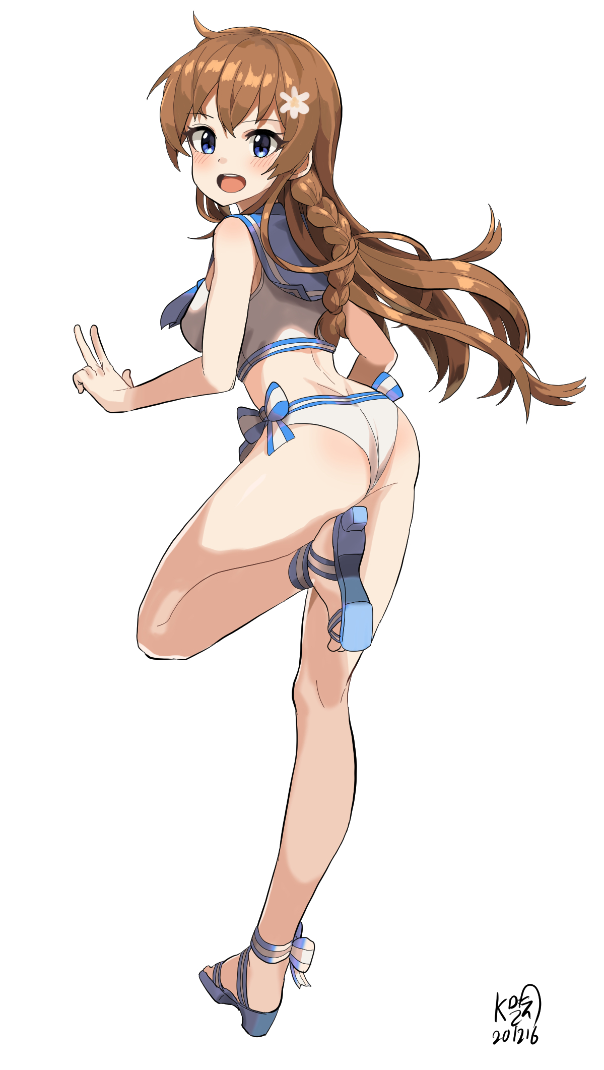 myeolchi, kousaka umi, idolmaster, idolmaster million live!, highres, 1girl, ass, bikini, blue eyes, braid, breasts, brown hair, floating hair, flower, from behind, full body, hair flower, hair ornament, high heel sandals, leg up, long hair, looking at viewer, looking back, open mouth, sailor bikini, sailor collar, sailor swimsuit (idolmaster), sandals, simple background, solo, standing, standing on one leg, swimsuit, teeth, upper teeth only, w, white background, white bikini, white flower
