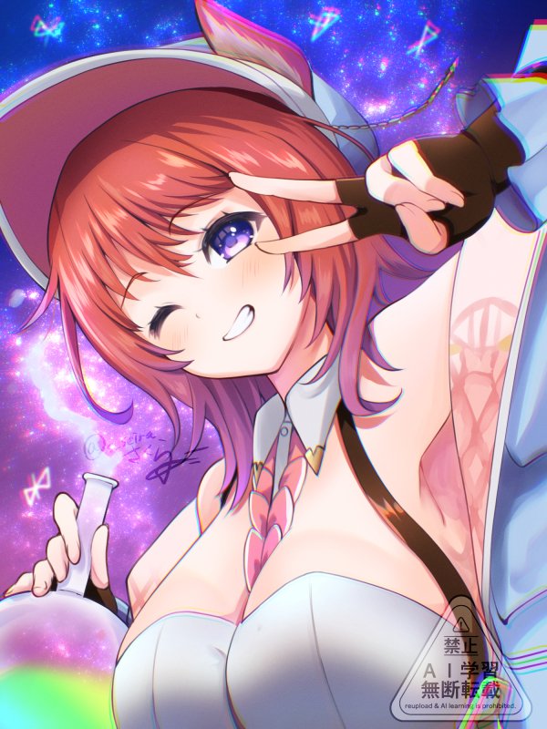 snowstar, rias eidreise, atelier (series), atelier resleriana, atelier resleriana: the red alchemist & the white guardian, commentary request, 1girl, animal ears, armpits, breasts, brown gloves, brown hair, eyelashes, fingerless gloves, gloves, hat, holding, holding vial, large breasts, long hair, looking at viewer, one eye closed, purple eyes, purple pupils, signature, smile, solo, teeth, upper body, v, vial, watermark