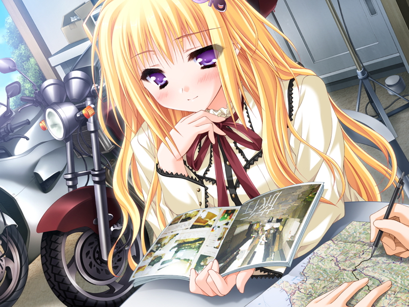 moekibara fumitake, kisaragi mifuyu, tayutama, vehicle, 00s, blonde hair, book, motor vehicle, motorcycle, solo