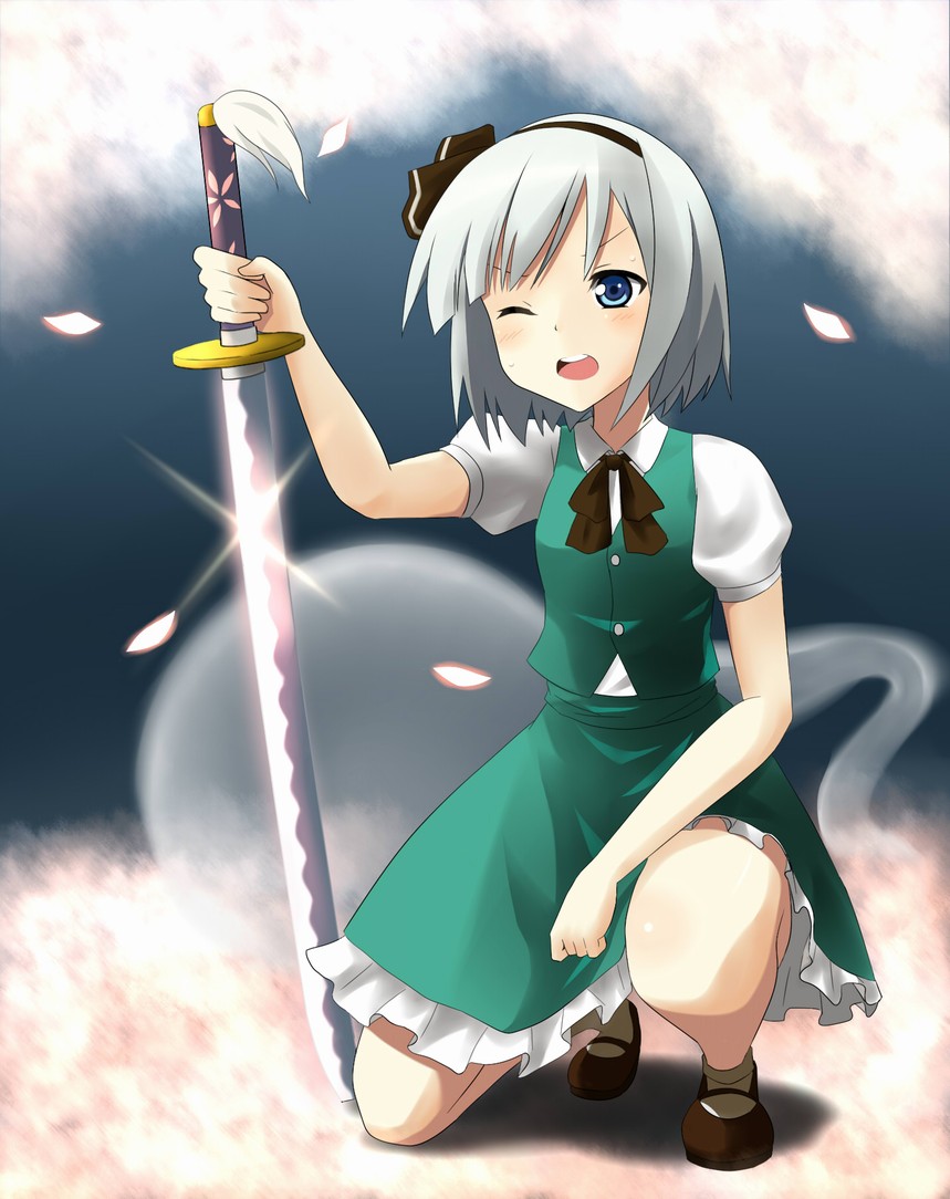 tsuchifumazu, konpaku youmu, konpaku youmu (ghost), touhou, silver hair, bad id, bad pixiv id, 1girl, blue eyes, female focus, hairband, katana, kneeling, on one knee, one eye closed, petals, short hair, solo, sword, weapon, wink