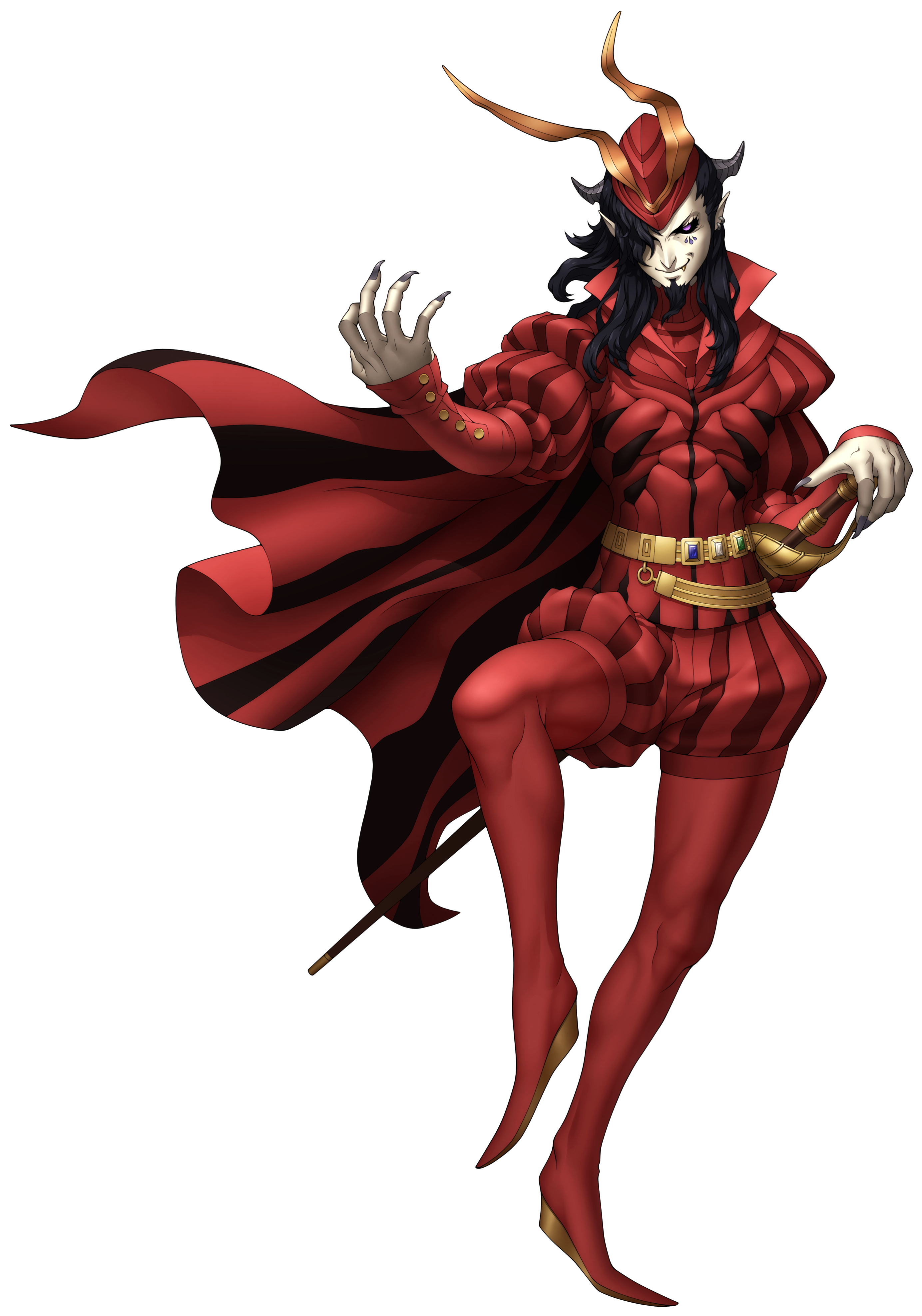 doi masayuki, mephisto (megami tensei), shin megami tensei, shin megami tensei iv final, absurdres, highres, official art, third-party source, 1boy, belt, black hair, black sclera, cape, colored sclera, colored skin, demon (megami tensei), facial mark, fang, fang out, fingernails, hair over one eye, jester, long hair, male focus, pointy shoes, purple eyes, rapier, scabbard, sharp fingernails, sheath, shoes, smirk, solo, standing, standing on one leg, sword, transparent background, weapon, white skin