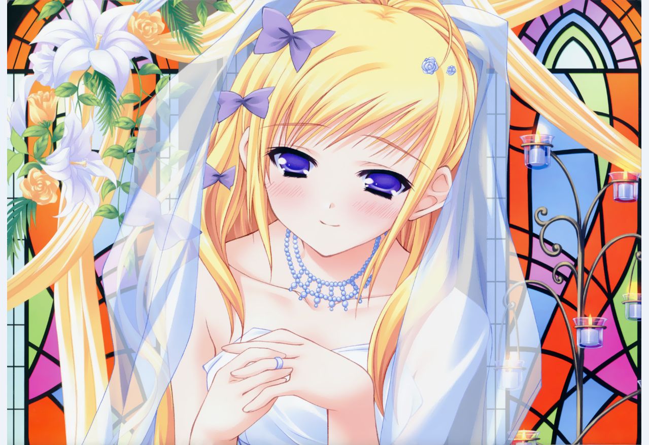 moekibara fumitake, kisaragi mifuyu, tayutama, 00s, blonde hair, bride, dress, flower, jewelry, ring, solo, wedding dress