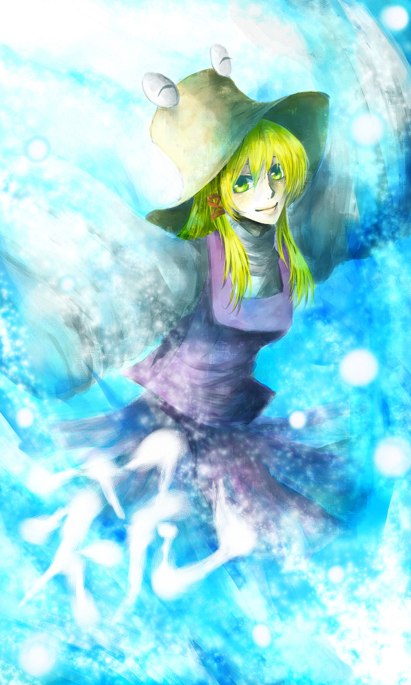 coli, collie, moriya suwako, touhou, bad id, bad pixiv id, 1girl, ^ ^, blonde hair, closed eyes, female focus, hat, skirt, solo