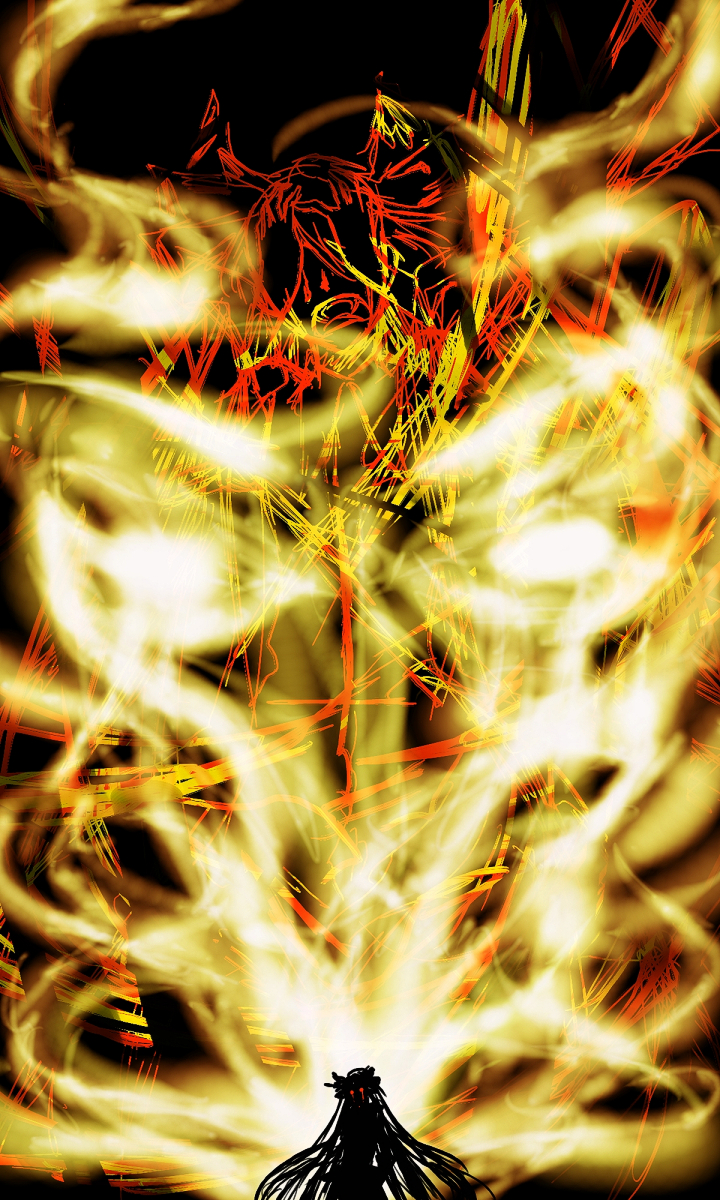 coli, collie, fujiwara no mokou, touhou, bad id, bad pixiv id, highres, 1girl, female focus, monochrome, open mouth, screaming, solo, spot color, standing