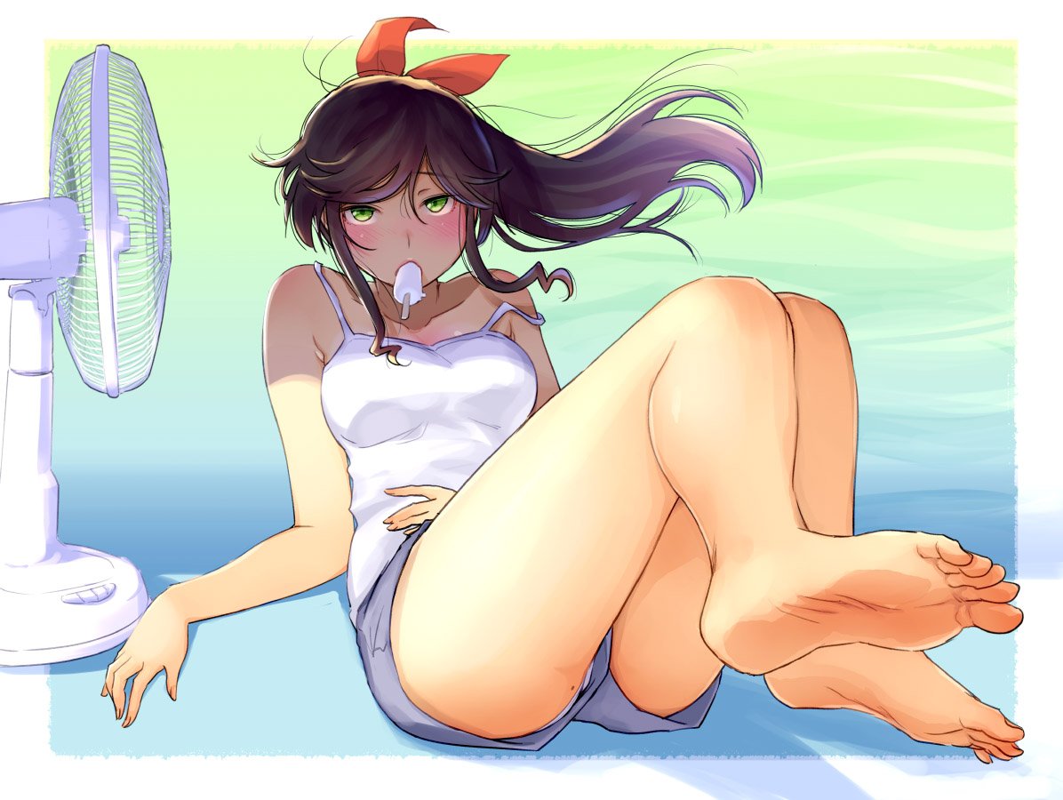 hattori mitsuru, kinme wakana, commentary request, 1girl, bare legs, barefoot, black hair, blush, border, breasts, camisole, electric fan, food, food in mouth, full body, green background, green eyes, grey shorts, hand on own stomach, hot, kirei ni shitemoraemasuka, long hair, looking at viewer, lying, medium breasts, on back, outside border, popsicle, popsicle in mouth, short shorts, shorts, sidelocks, solo, strap slip, white border, white camisole