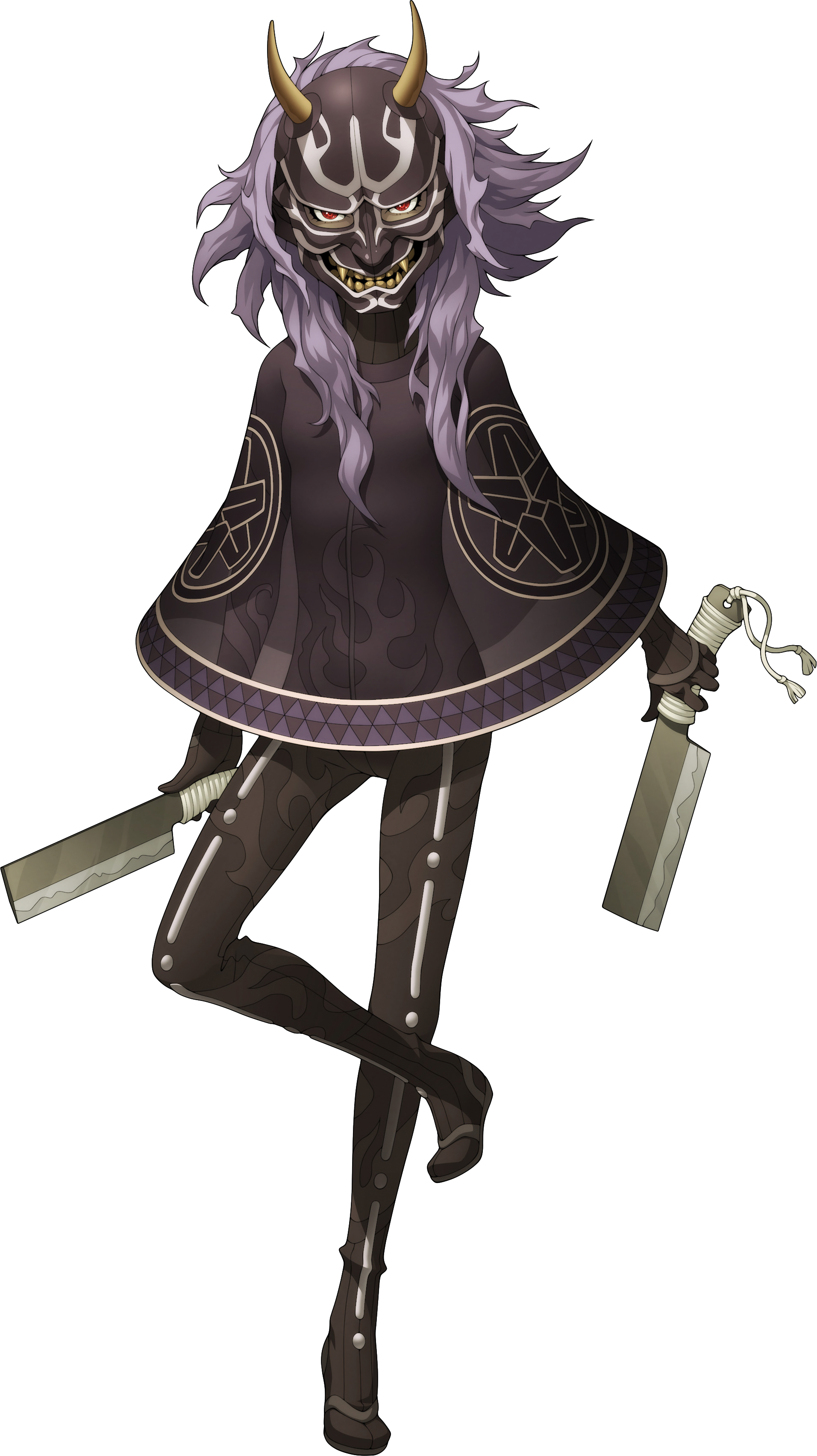doi masayuki, toki (megami tensei), shin megami tensei, shin megami tensei iv final, absurdres, highres, official art, third-party source, 1girl, bodysuit, cleaver, dual wielding, full body, grin, holding, horns, knife, mask, nata (tool), poncho, red eyes, see-through clothes, smile, solo, standing, standing on one leg, transparent background
