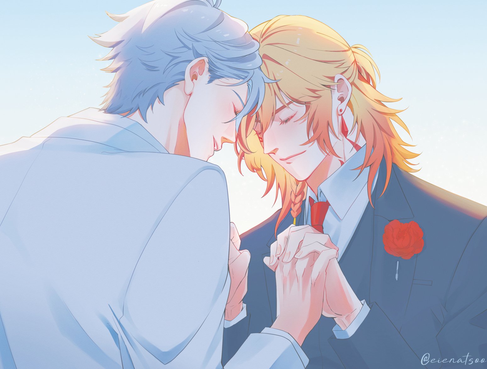 eienatsoo, mydei (honkai: star rail), phainon (honkai: star rail), honkai: star rail, honkai (series), 2boys, arms up, black jacket, blonde hair, closed mouth, collared shirt, earrings, flower, forehead-to-forehead, gradient hair, grey hair, heads together, holding hands, interlocked fingers, jacket, jewelry, layered sleeves, long sleeves, male focus, medium hair, multicolored hair, multiple boys, necktie, piercing, red flower, red necktie, red rose, rose, shirt, short hair, short sideburns, smile, suit jacket, twitter username, upper body, white jacket, white shirt, wing collar, yaoi