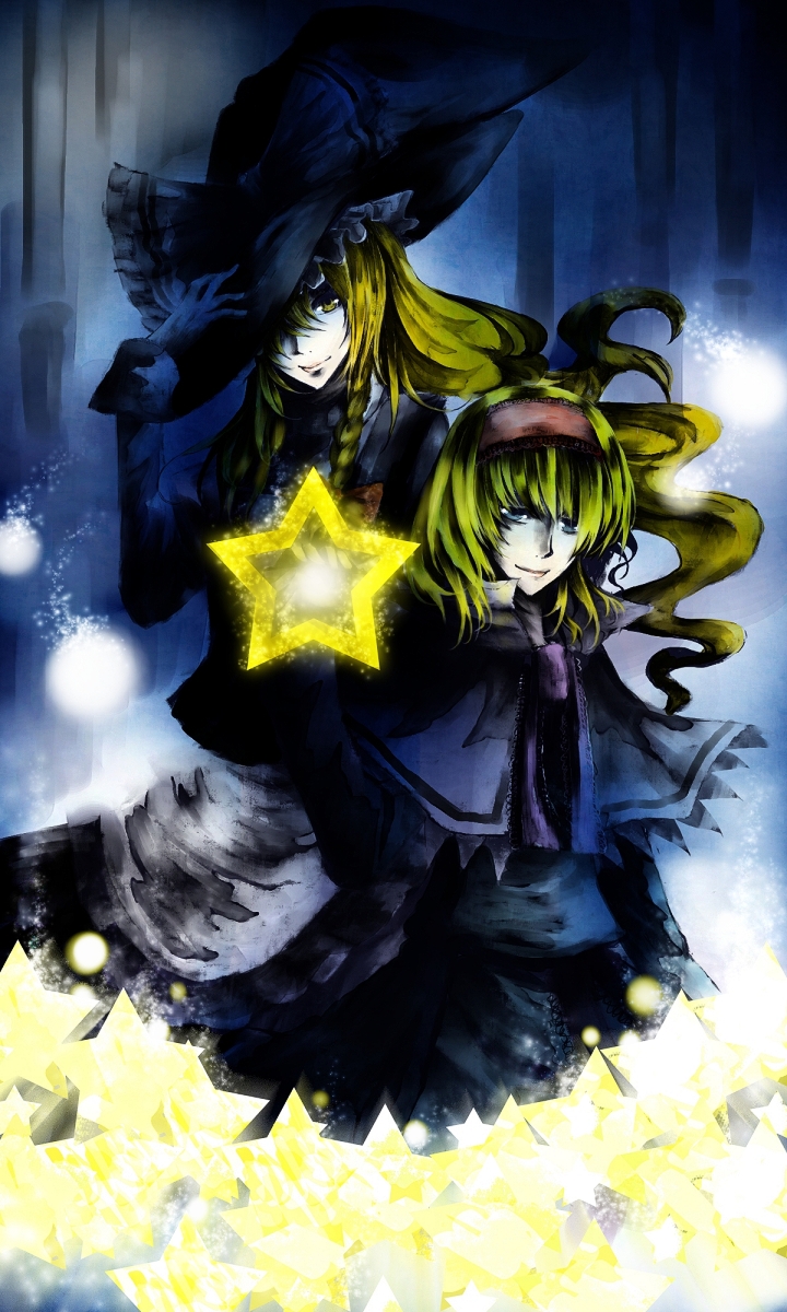 coli, collie, alice margatroid, kirisame marisa, touhou, bad id, bad pixiv id, highres, 2girls, blonde hair, female focus, hat, multiple girls, star (symbol), witch, witch hat