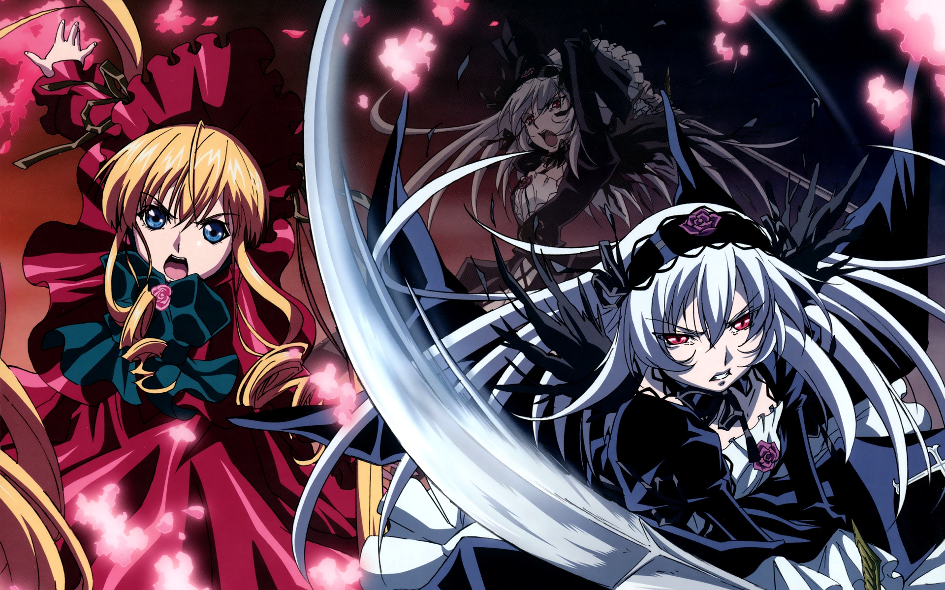 shinku, suigintou, rozen maiden, silver hair, cropped, highres, official art, official wallpaper, 00s, 2girls, blonde hair, gothic lolita, lolita fashion, multiple girls, sword, weapon