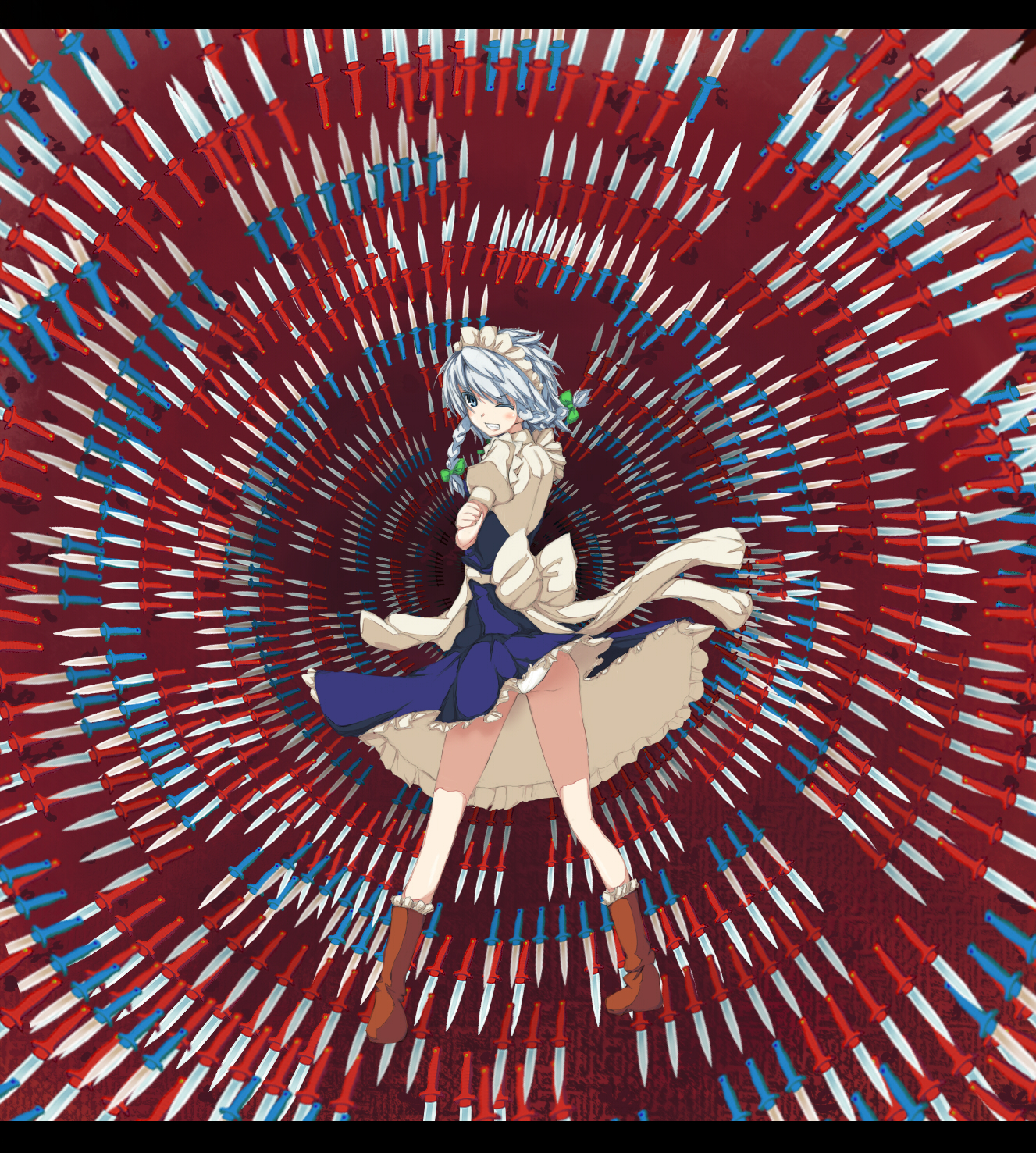 arcadia090, izayoi sakuya, touhou, bad id, bad pixiv id, highres, 1girl, ass, blue eyes, blue hair, braid, danmaku, female focus, knife, letterboxed, maid, matching hair/eyes, panties, pantyshot, short hair, solo, throwing knife, twin braids, underwear, upskirt, weapon, white panties, wind, wind lift