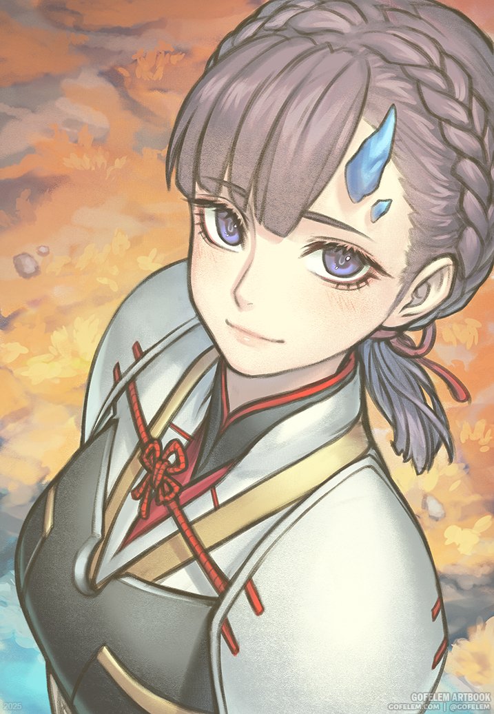 gofelem, nimue (xenoblade), xenoblade chronicles (series), xenoblade chronicles 3, commentary, 1girl, braid, closed mouth, crown braid, eyelashes, horns, looking at viewer, purple eyes, purple hair, solo, standing, upper body
