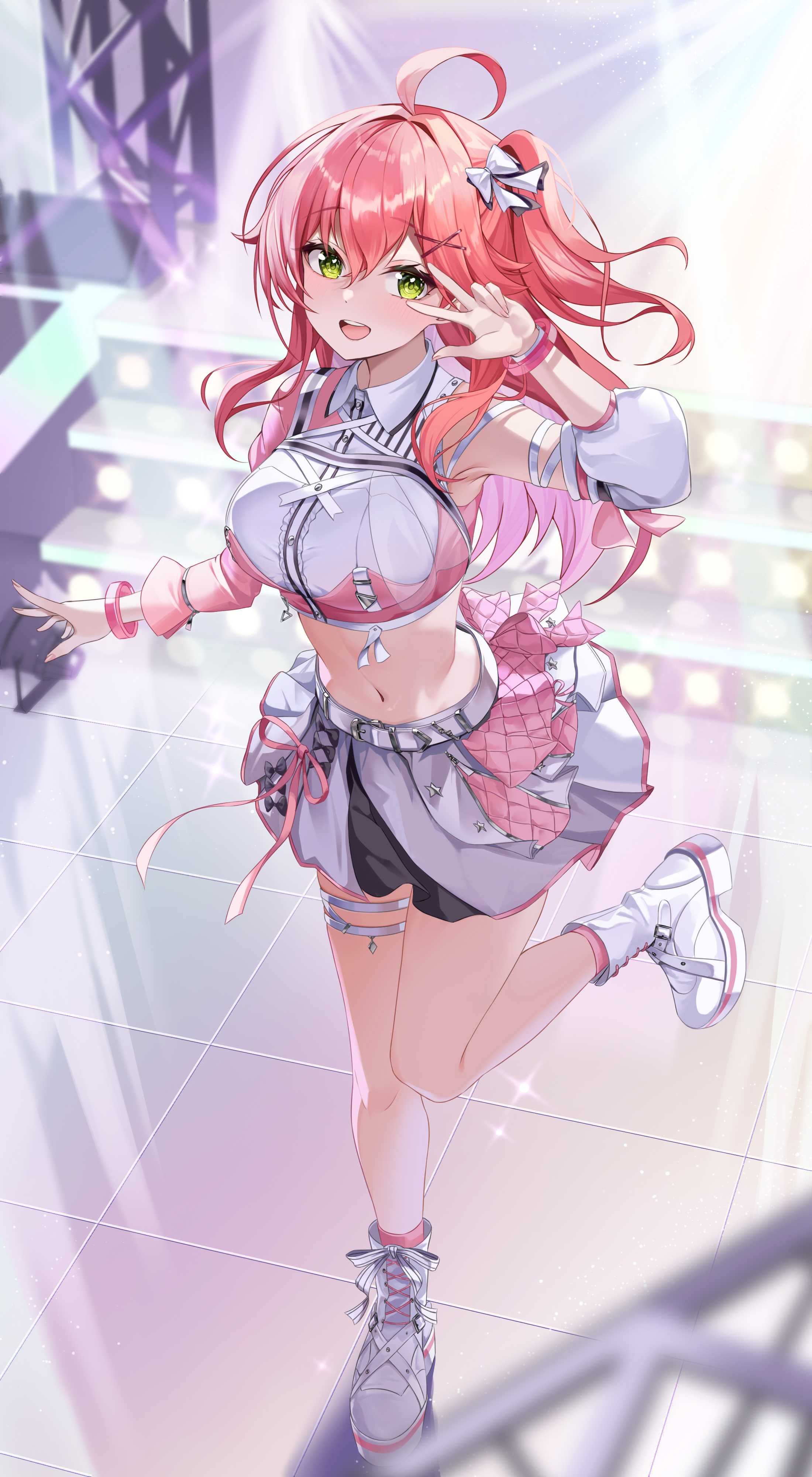 mi ke0224, sakura miko, hololive, absurdres, commentary request, highres, partial commentary, revision, 1girl, :d, boots, breasts, center frills, collared shirt, crop top, cropped shirt, detached sleeves, double-parted bangs, frills, full body, green eyes, hair ornament, hairclip, hololive idol uniform (color rise), idol clothes, lace-up boots, long hair, looking at viewer, midriff, miniskirt, multicolored shirt, navel, official alternate costume, one side up, open mouth, pink hair, platform boots, puffy detached sleeves, puffy short sleeves, puffy sleeves, shirt, short sleeves, single detached sleeve, single sleeve, skirt, smile, solo, stage, standing, standing on one leg, teeth, thigh strap, upper teeth only, virtual youtuber, w, white shirt, white skirt, x hair ornament