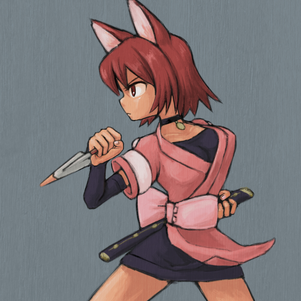kuroganego, mao (shining tears), sega, shining (series), shining tears, bad id, bad pixiv id, angry, animal ears, brown eyes, cat ears, choker, collar, dagger, japanese clothes, kimono, knife, red hair, scabbard, sheath, short hair, short kimono, solo, sword, tan, wakizashi, weapon
