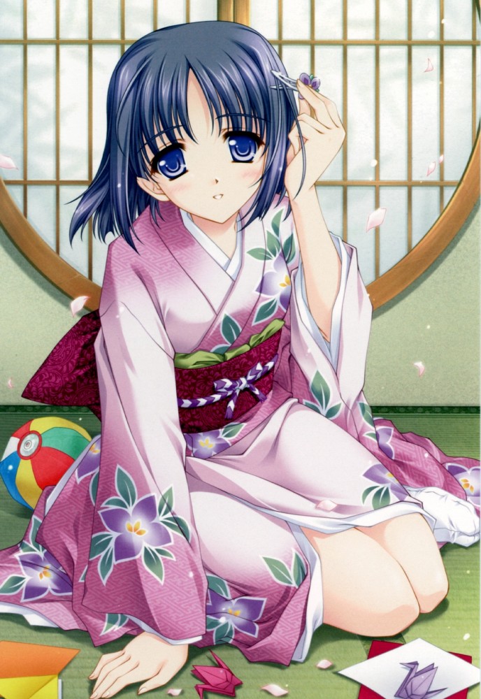 isawa tae, lamune, 00s, blue hair, hair ornament, hairclip, japanese clothes, kimono, origami, paper crane