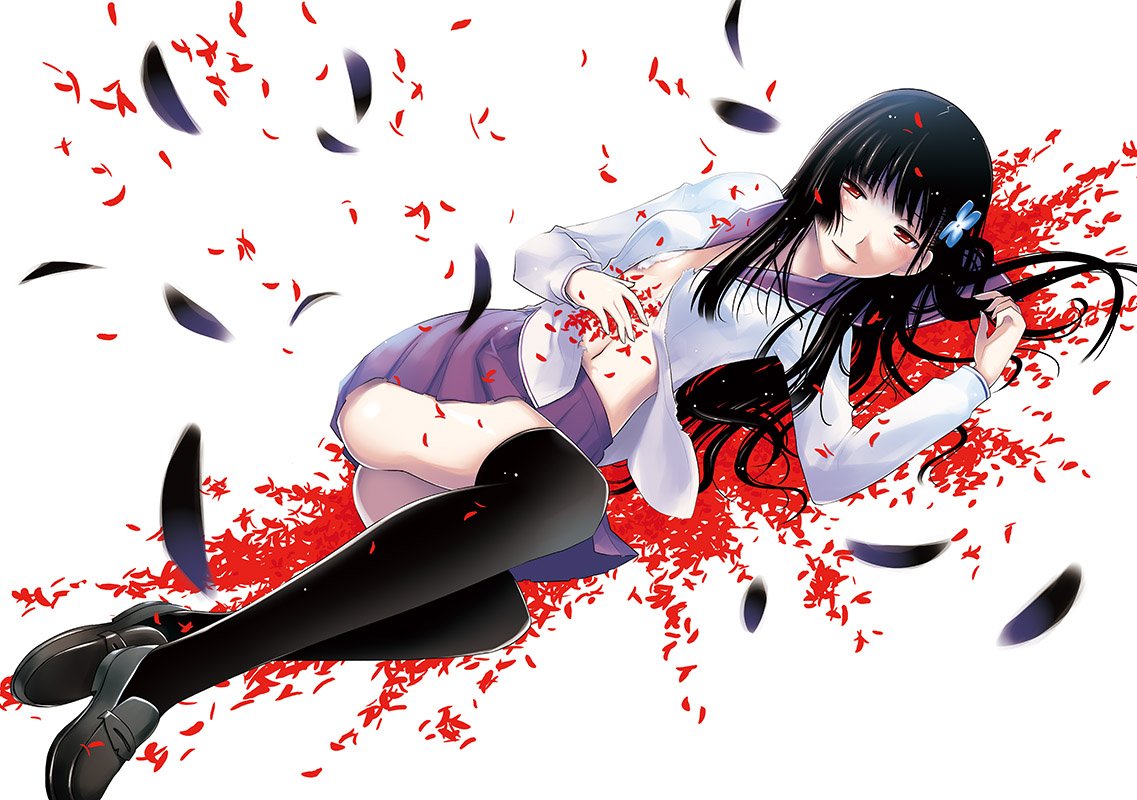 hattori mitsuru, sanka rea, sankarea, commentary request, 1girl, black feathers, black hair, black shoes, black thighhighs, feathers, hair ornament, loafers, long hair, long sleeves, looking at viewer, lying, navel, on side, open clothes, open shirt, parted lips, pleated skirt, purple sailor collar, purple skirt, red eyes, red petals, sailor collar, school uniform, serafuku, shoes, skirt, smile, solo, thighhighs, white background
