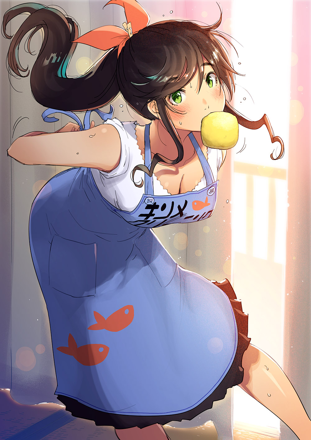 hattori mitsuru, kinme wakana, commentary request, highres, 1girl, apron, arms behind back, black hair, black skirt, blue apron, blush, breasts, cleavage, feet out of frame, green eyes, kirei ni shitemoraemasuka, long hair, looking at viewer, medium breasts, mouth hold, pleated skirt, ponytail, shirt, short sleeves, sidelocks, skirt, solo, sweat, white shirt