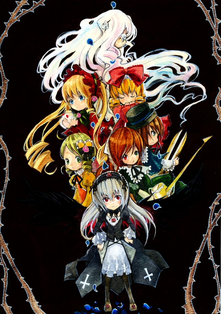 tetuankyo, hinaichigo, kanaria, kirakishou, shinku, souseiseki, suigintou, suiseiseki, rozen maiden, painting (medium), traditional media, watercolor (medium), 00s, 6+girls, blonde hair, closed eyes, cross, dress, eyepatch, frills, gothic lolita, hairband, heterochromia, lolita fashion, long hair, multiple girls, scissors, siblings, sisters, thorns, twins, very long hair, white hair