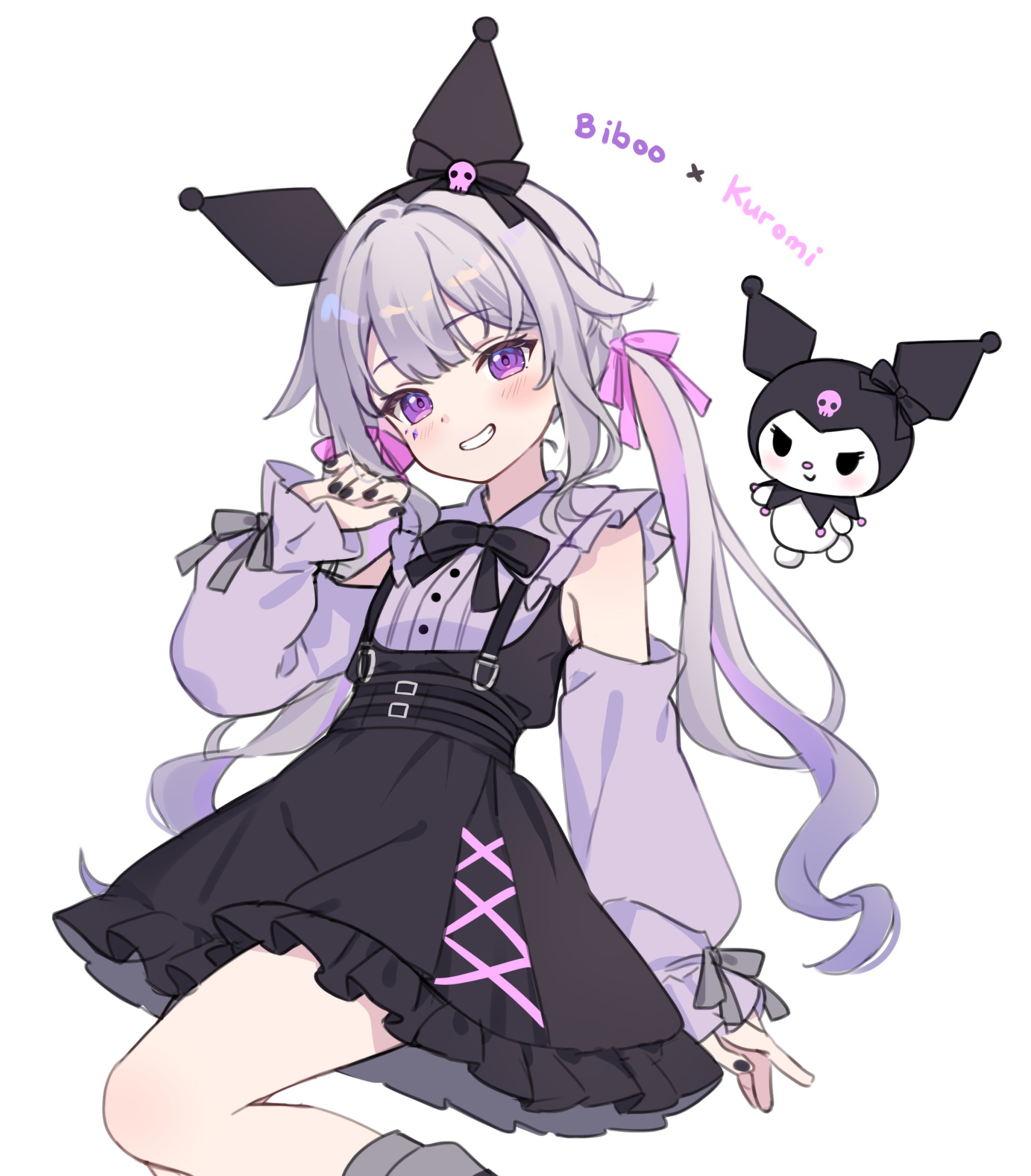 hitsukuya, koseki bijou, kuromi, hololive, hololive english, onegai my melody, sanrio, commentary, highres, 1girl, black bow, black nails, black skirt, blush, bow, character name, collared shirt, crossover, detached sleeves, dress shirt, frilled skirt, frills, grin, hair bow, head tilt, long sleeves, looking at viewer, low twintails, multicolored hair, nail polish, pink bow, pink hair, puffy long sleeves, puffy sleeves, purple eyes, purple shirt, purple sleeves, shirt, simple background, skirt, sleeveless, sleeveless shirt, sleeves past wrists, smile, suspender skirt, suspenders, twintails, two-tone hair, virtual youtuber, white background