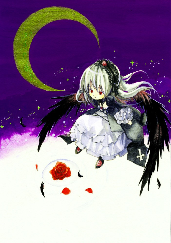 tetuankyo, suigintou, rozen maiden, painting (medium), traditional media, watercolor (medium), 00s, cross, dress, feathers, flower, frills, gothic lolita, hairband, lolita fashion, moon, red eyes, rose, solo, white hair, wings