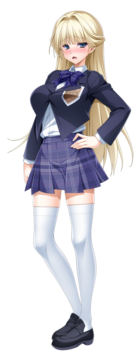 kamitsurugi ouka, itakano shigure, kouyoku senki exs-tia concert, game cg, large variant set, non-web source, variant set, 1girl, blazer, blonde hair, blue eyes, blush, bow, bowtie, breasts, full body, hair intakes, half updo, hand on own hip, jacket, large breasts, loafers, long hair, long sleeves, looking at viewer, nose blush, open mouth, plaid bow, plaid clothes, plaid skirt, pleated skirt, school uniform, shoes, skirt, solo, standing, thighhighs, transparent background, white thighhighs, zettai ryouiki