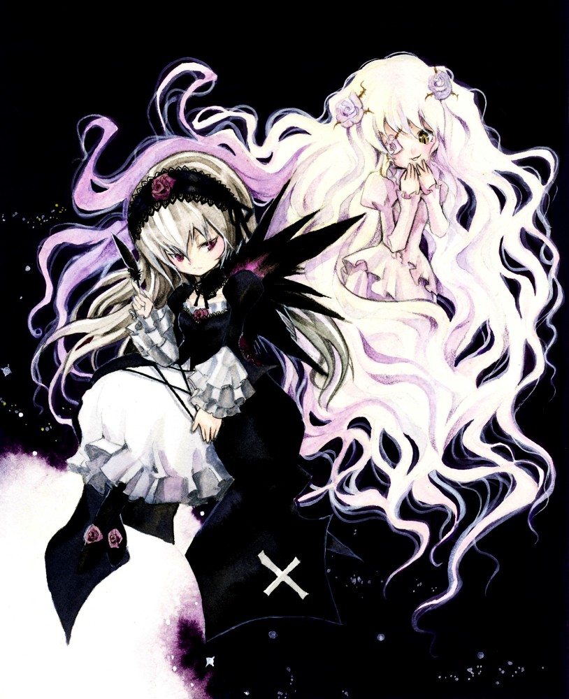 tetuankyo, kirakishou, suigintou, rozen maiden, painting (medium), traditional media, watercolor (medium), 00s, cross, dress, feathers, flower, frills, gothic lolita, hairband, lolita fashion, long hair, rose, very long hair, white hair, wings